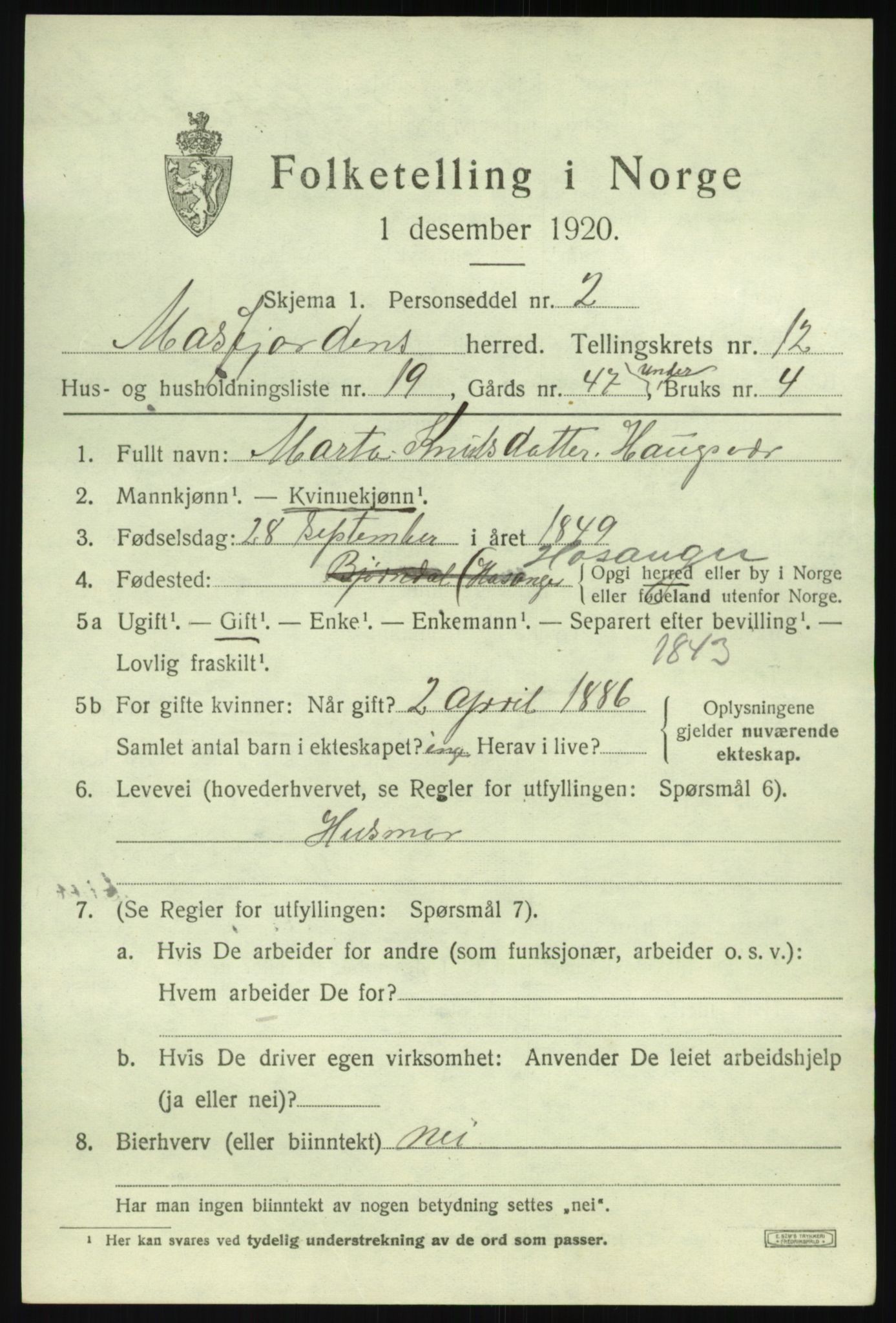 SAB, 1920 census for Masfjorden, 1920, p. 4759