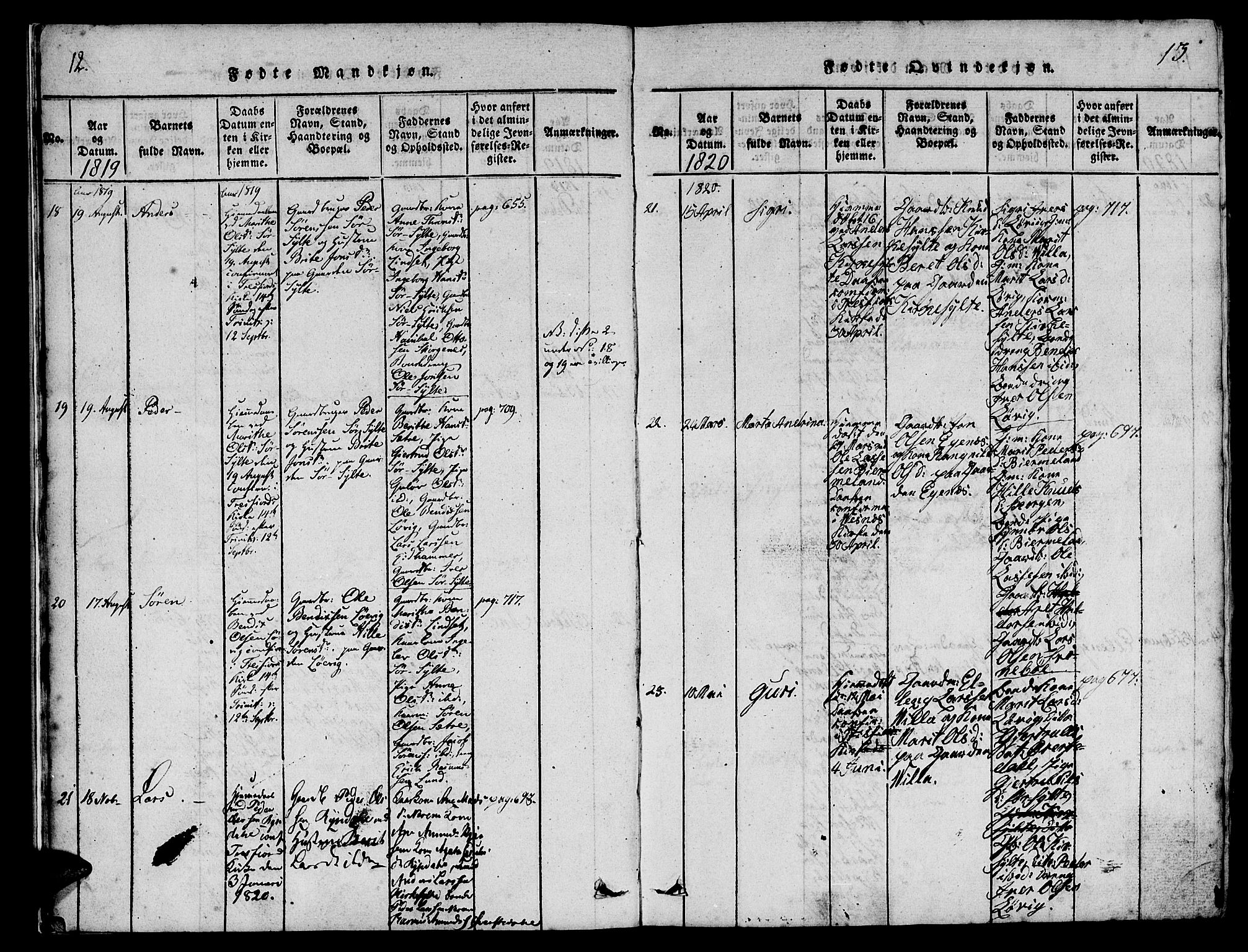 Ministerialprotokoller, klokkerbøker og fødselsregistre - Møre og Romsdal, AV/SAT-A-1454/541/L0544: Parish register (official) no. 541A01, 1818-1847, p. 12-13