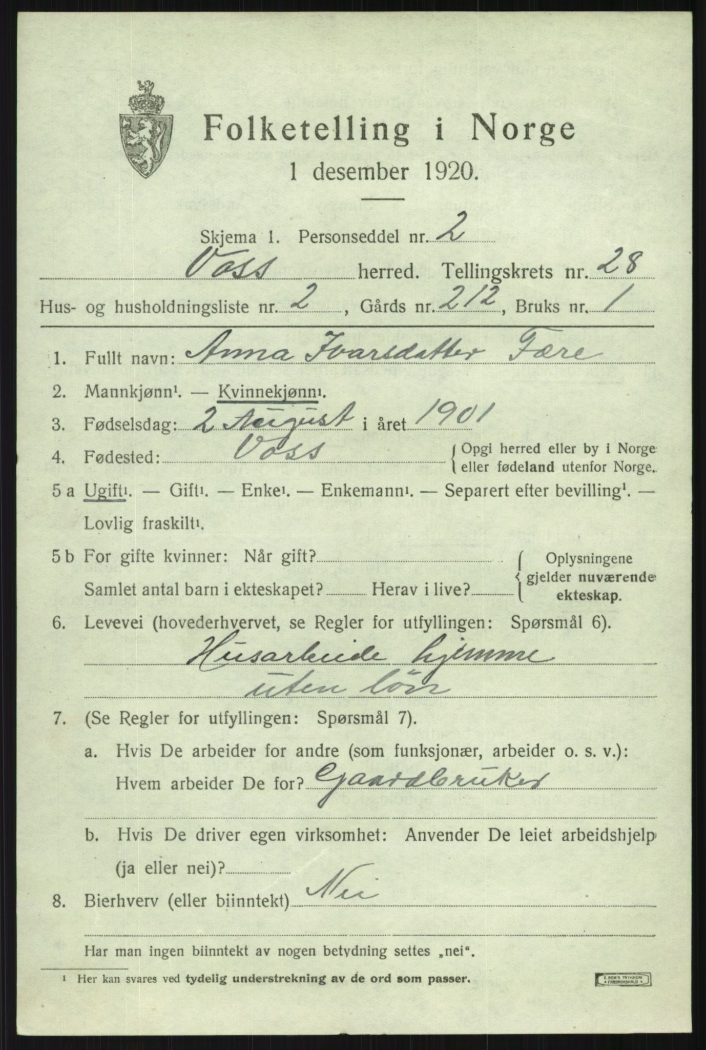 SAB, 1920 census for Voss, 1920, p. 18921