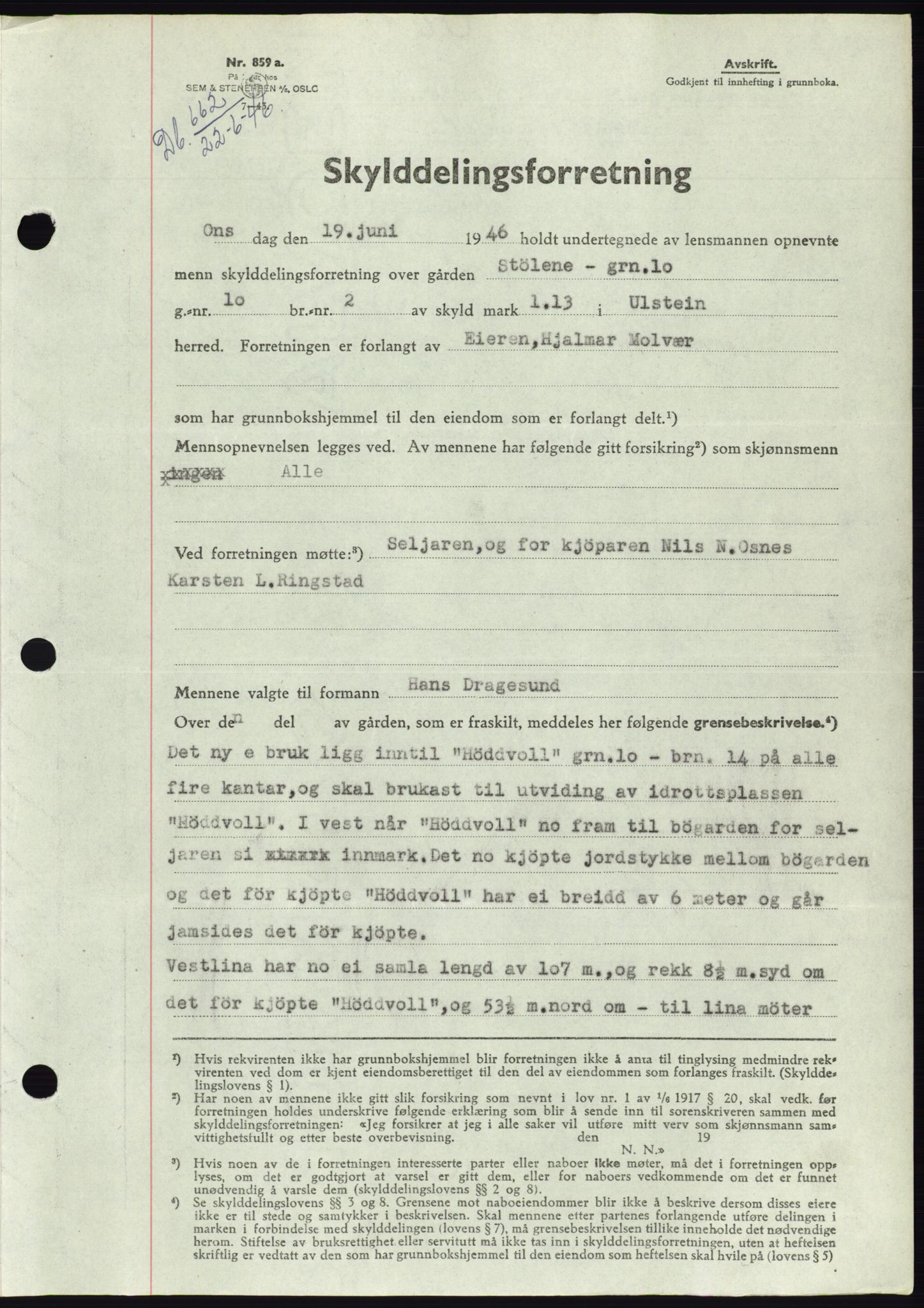 Søre Sunnmøre sorenskriveri, AV/SAT-A-4122/1/2/2C/L0078: Mortgage book no. 4A, 1946-1946, Diary no: : 662/1946