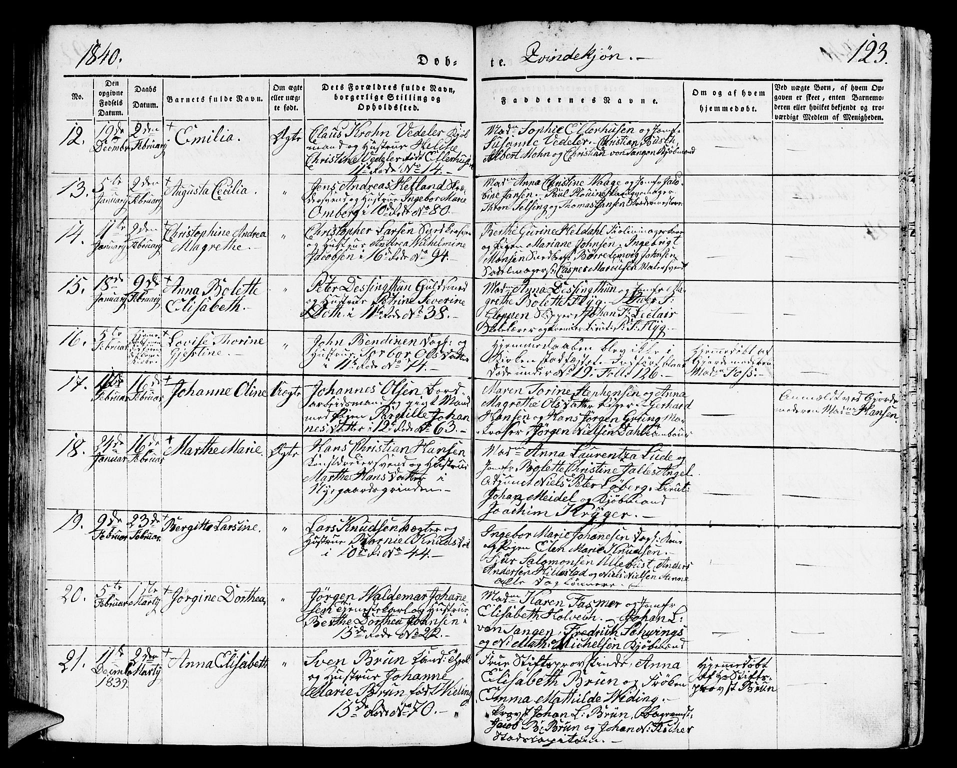 Domkirken sokneprestembete, SAB/A-74801/H/Hab/L0008: Parish register (copy) no. B 1, 1836-1841, p. 123