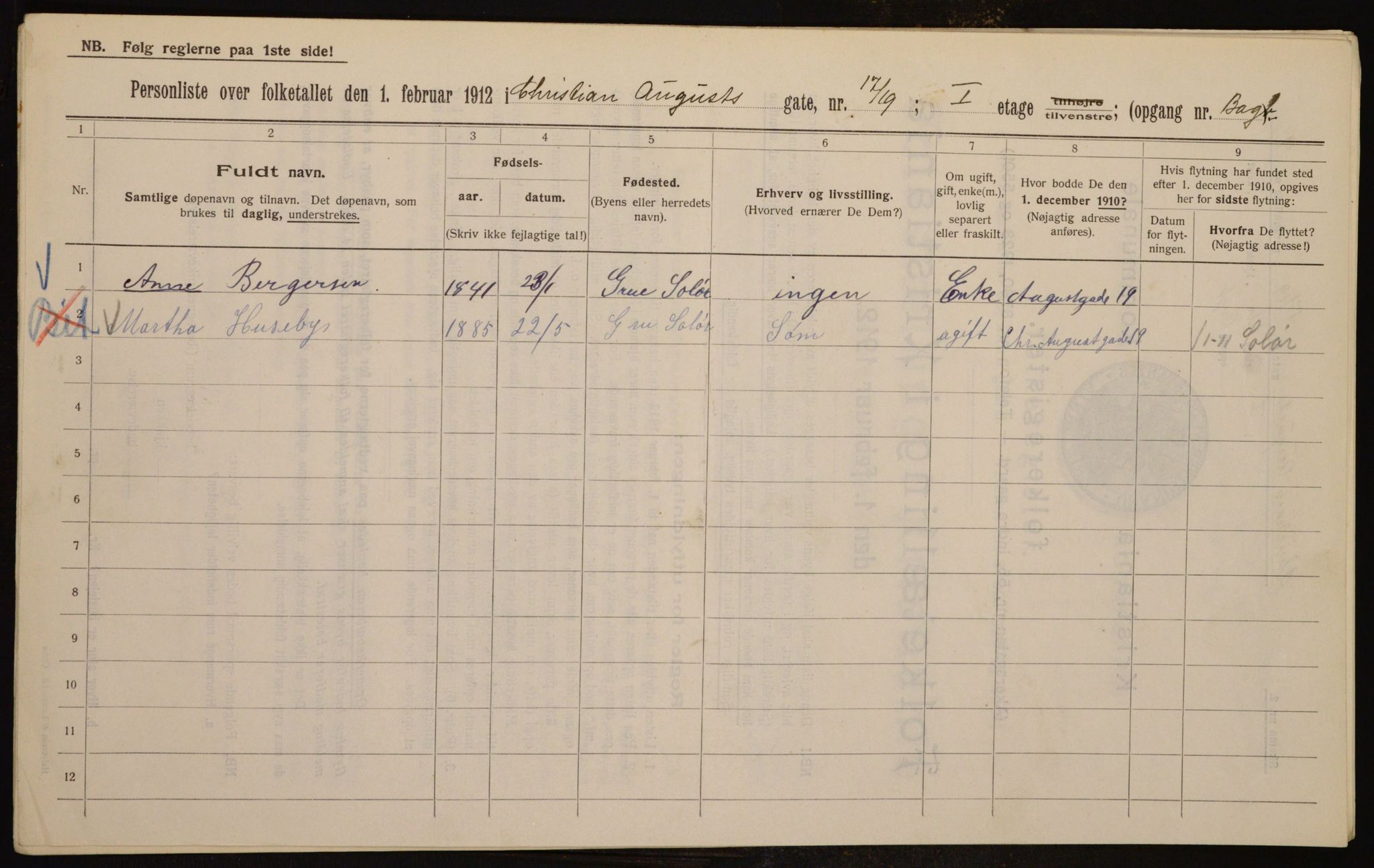 OBA, Municipal Census 1912 for Kristiania, 1912, p. 54343