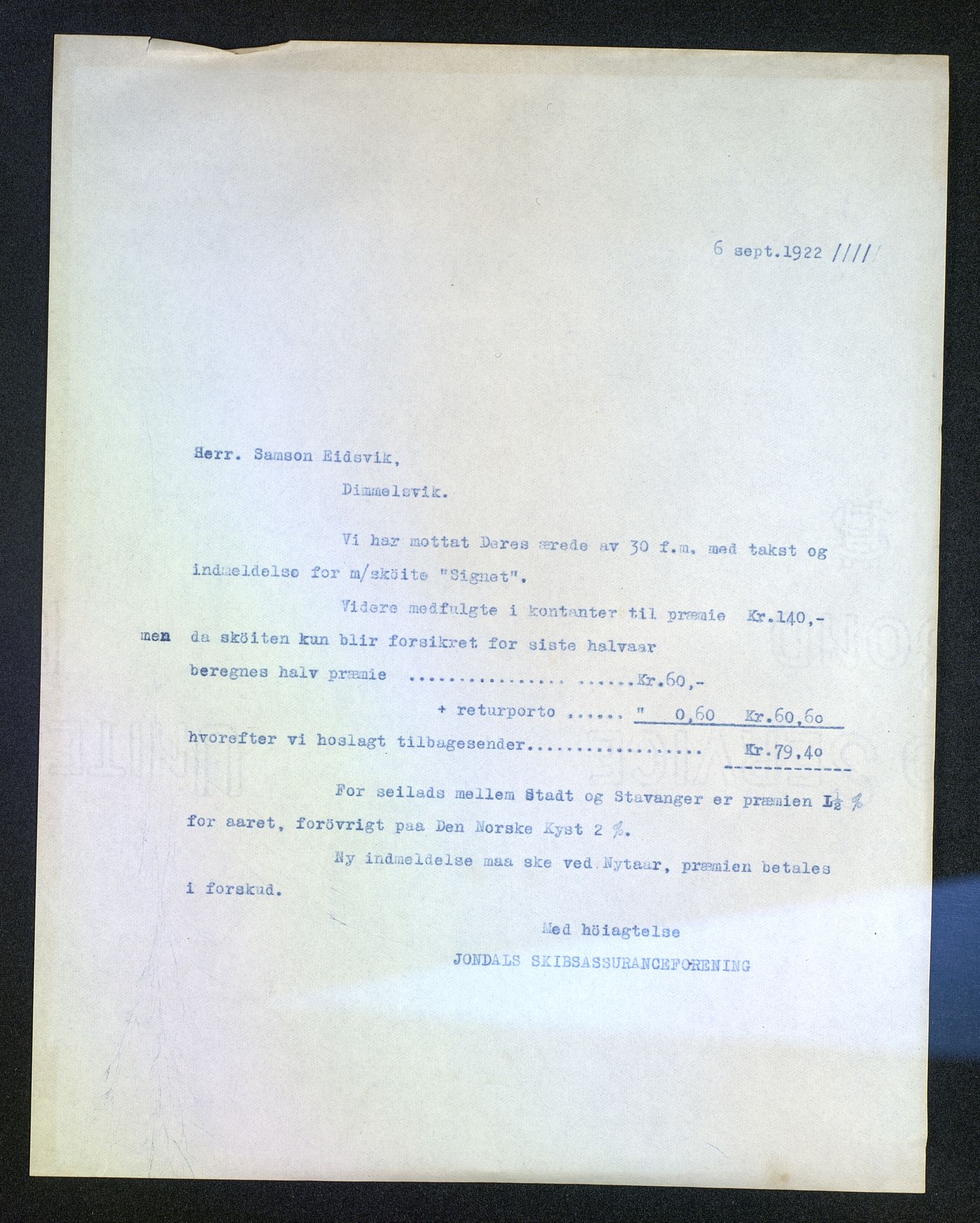 Jondal Skipsassuranseforening, AV/SAB-SAB/PA-0276/E/L0095: Korrespondanse , 1922