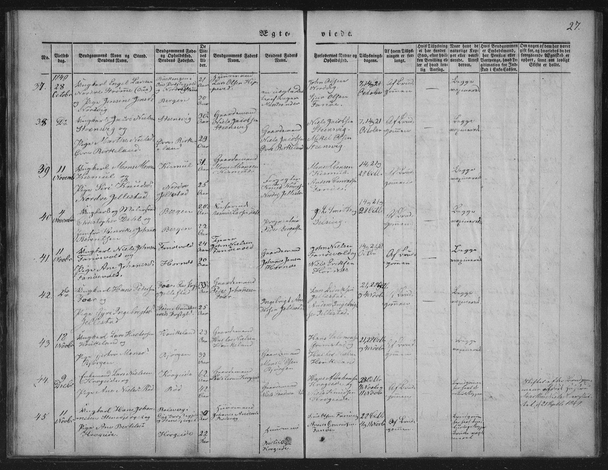 Fana Sokneprestembete, AV/SAB-A-75101/H/Haa/Haaa/L0010: Parish register (official) no. A 10, 1841-1851, p. 27