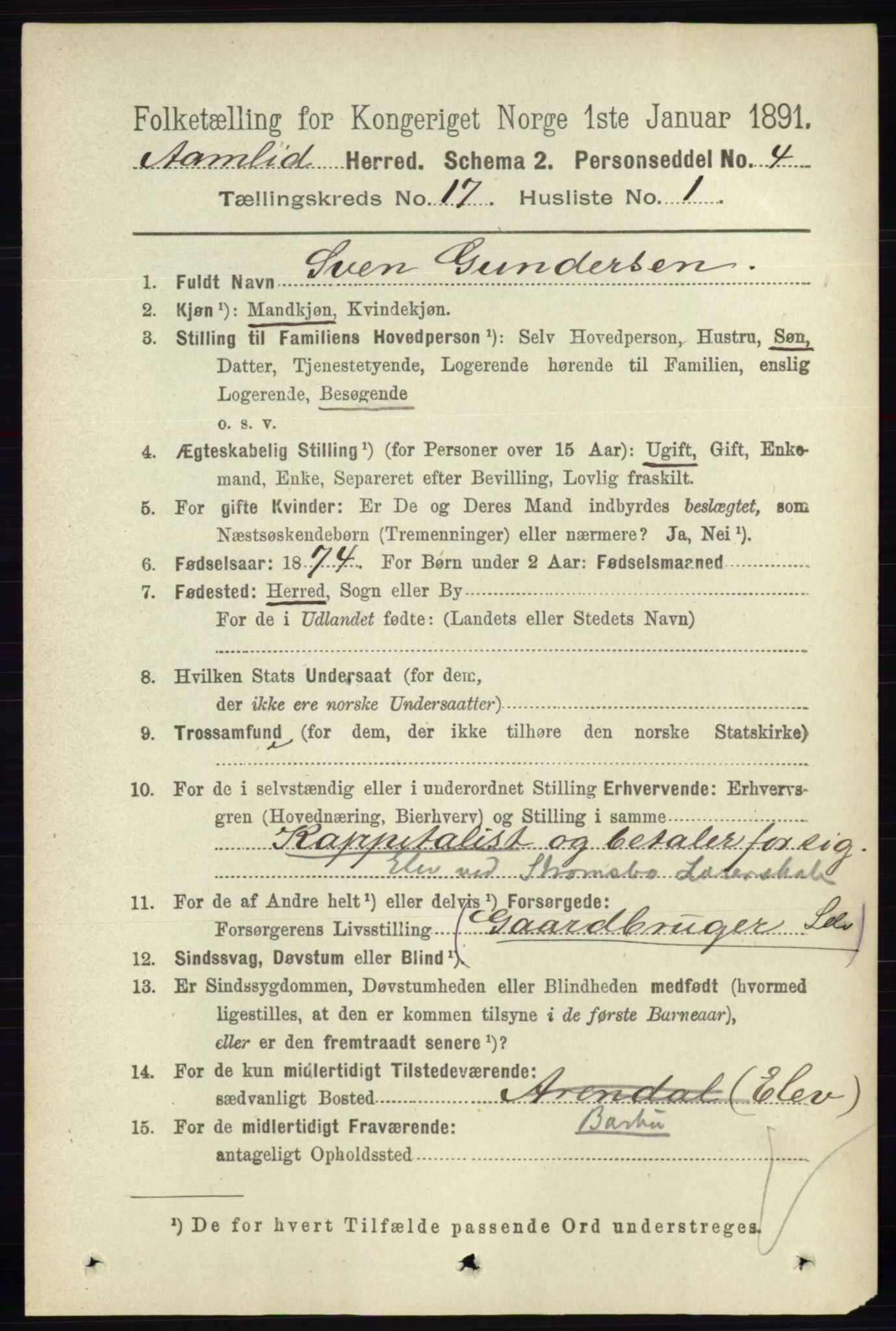 RA, 1891 census for 0929 Åmli, 1891, p. 2808