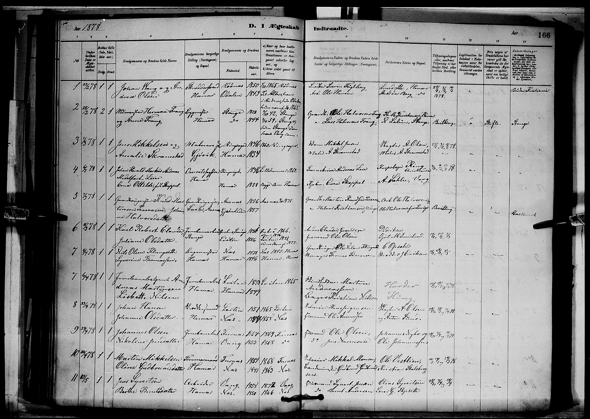 Vang prestekontor, Hedmark, SAH/PREST-008/H/Ha/Hab/L0012: Parish register (copy) no. 12, 1878-1889, p. 166