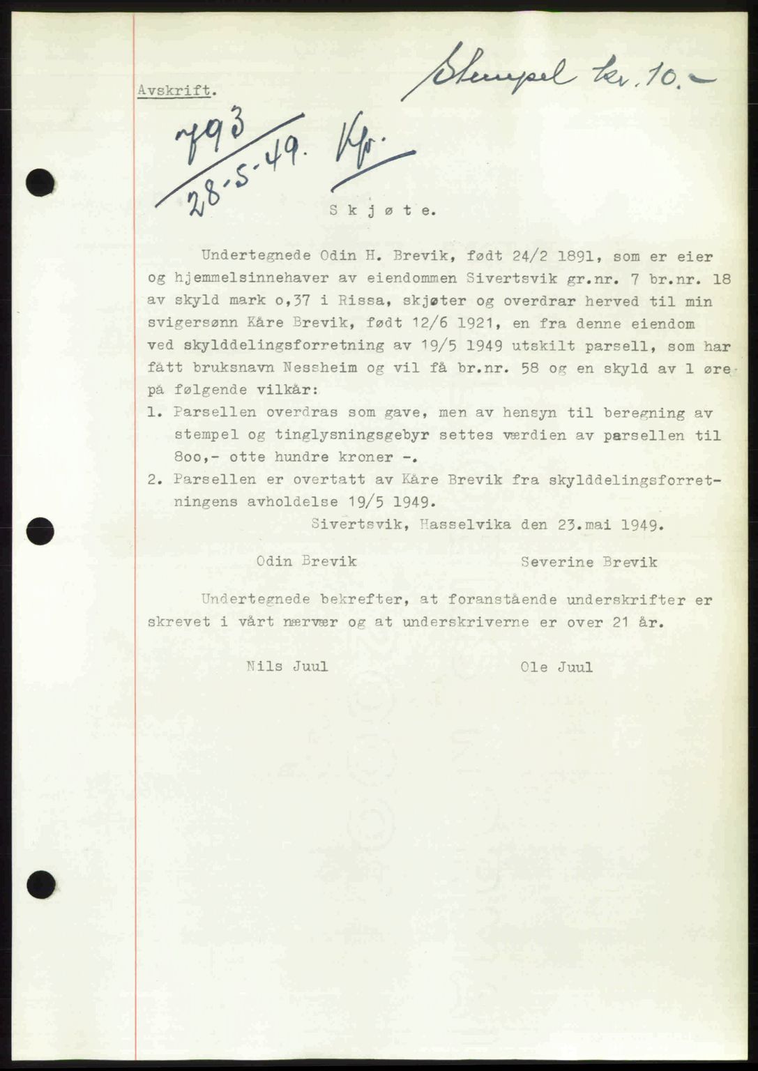 Fosen sorenskriveri, AV/SAT-A-1107/1/2/2C: Mortgage book no. A7-9, 1947-1949, Diary no: : 793/1949