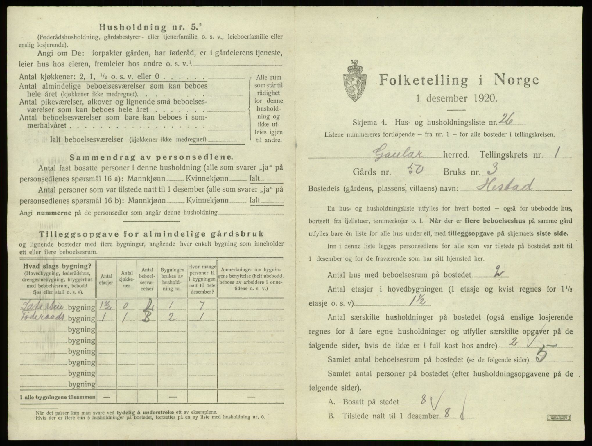 SAB, 1920 census for Gaular, 1920, p. 110