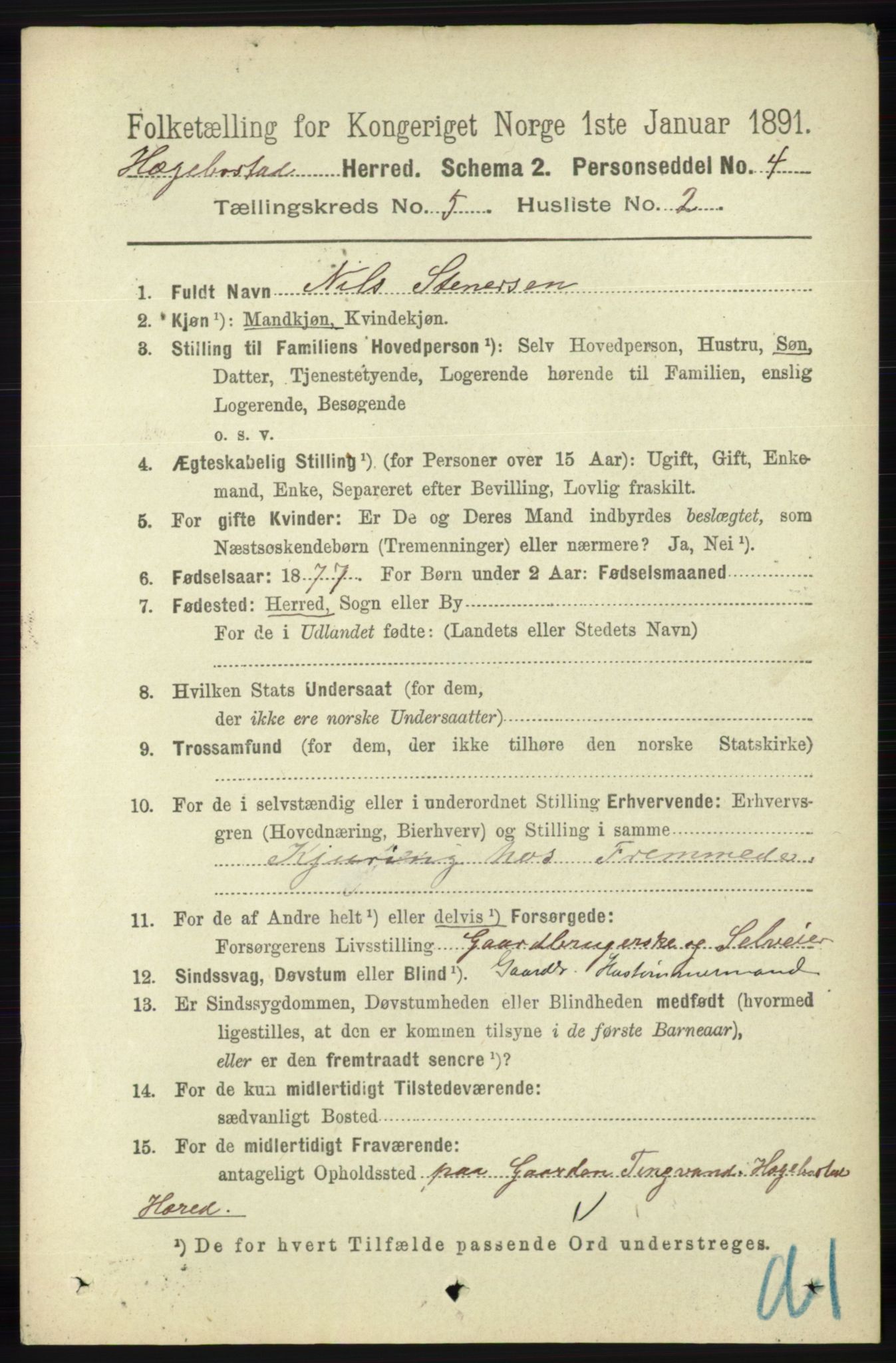 RA, 1891 census for 1034 Hægebostad, 1891, p. 1497