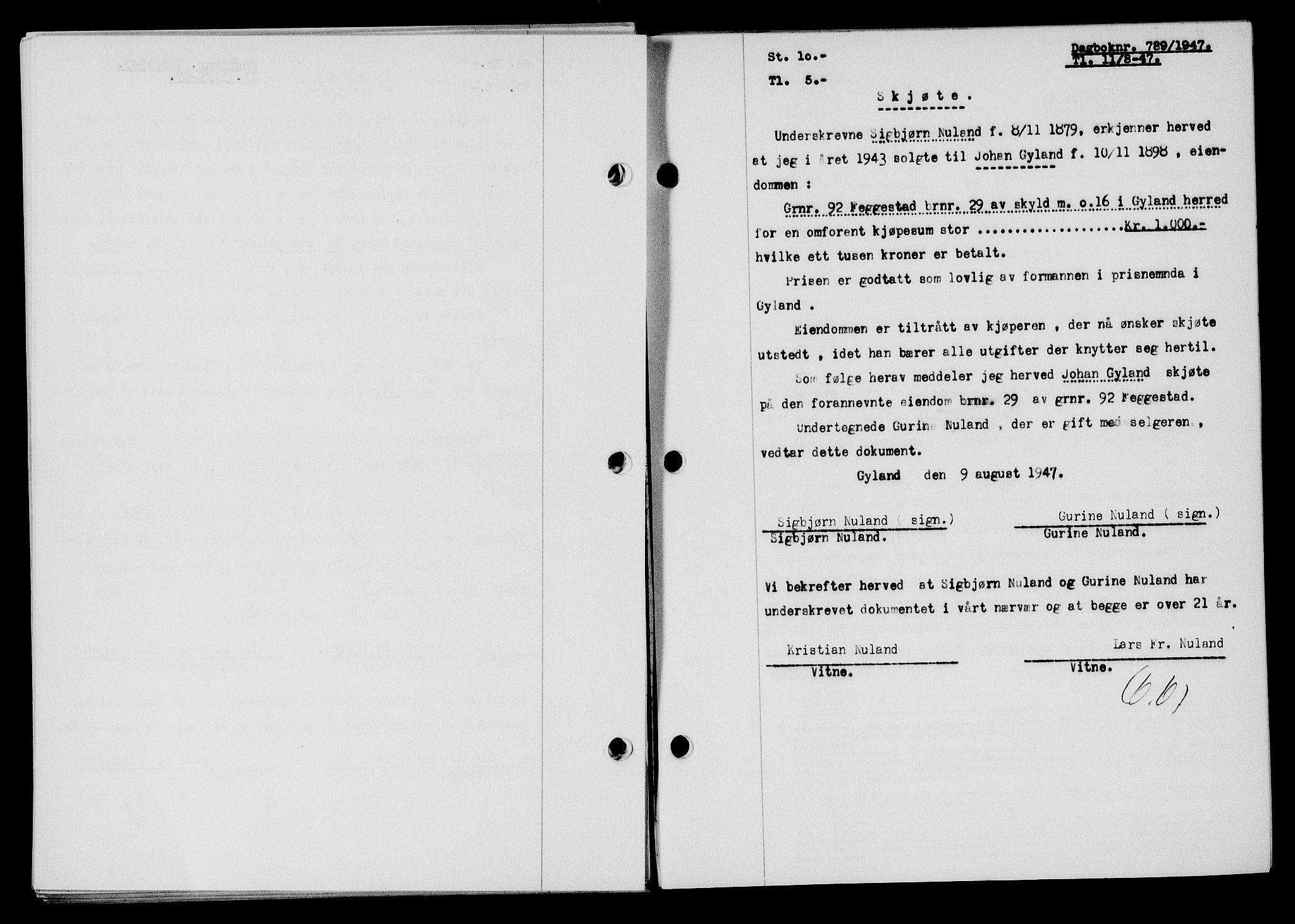 Flekkefjord sorenskriveri, SAK/1221-0001/G/Gb/Gba/L0062: Mortgage book no. A-10, 1947-1947, Diary no: : 789/1947