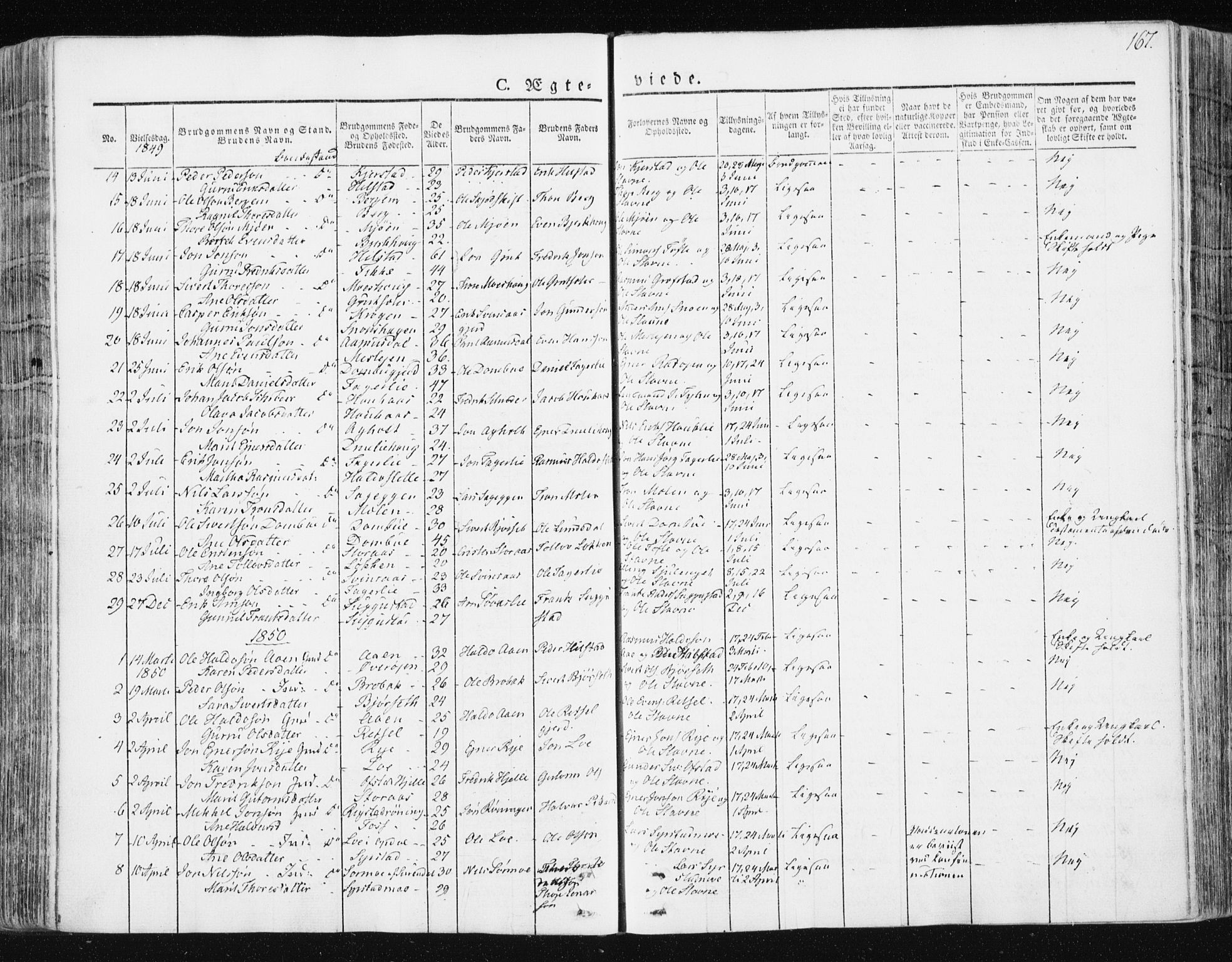 Ministerialprotokoller, klokkerbøker og fødselsregistre - Sør-Trøndelag, SAT/A-1456/672/L0855: Parish register (official) no. 672A07, 1829-1860, p. 167