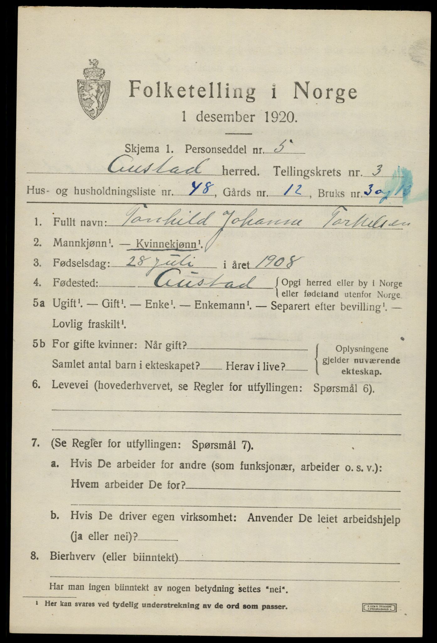 SAK, 1920 census for Austad, 1920, p. 1377