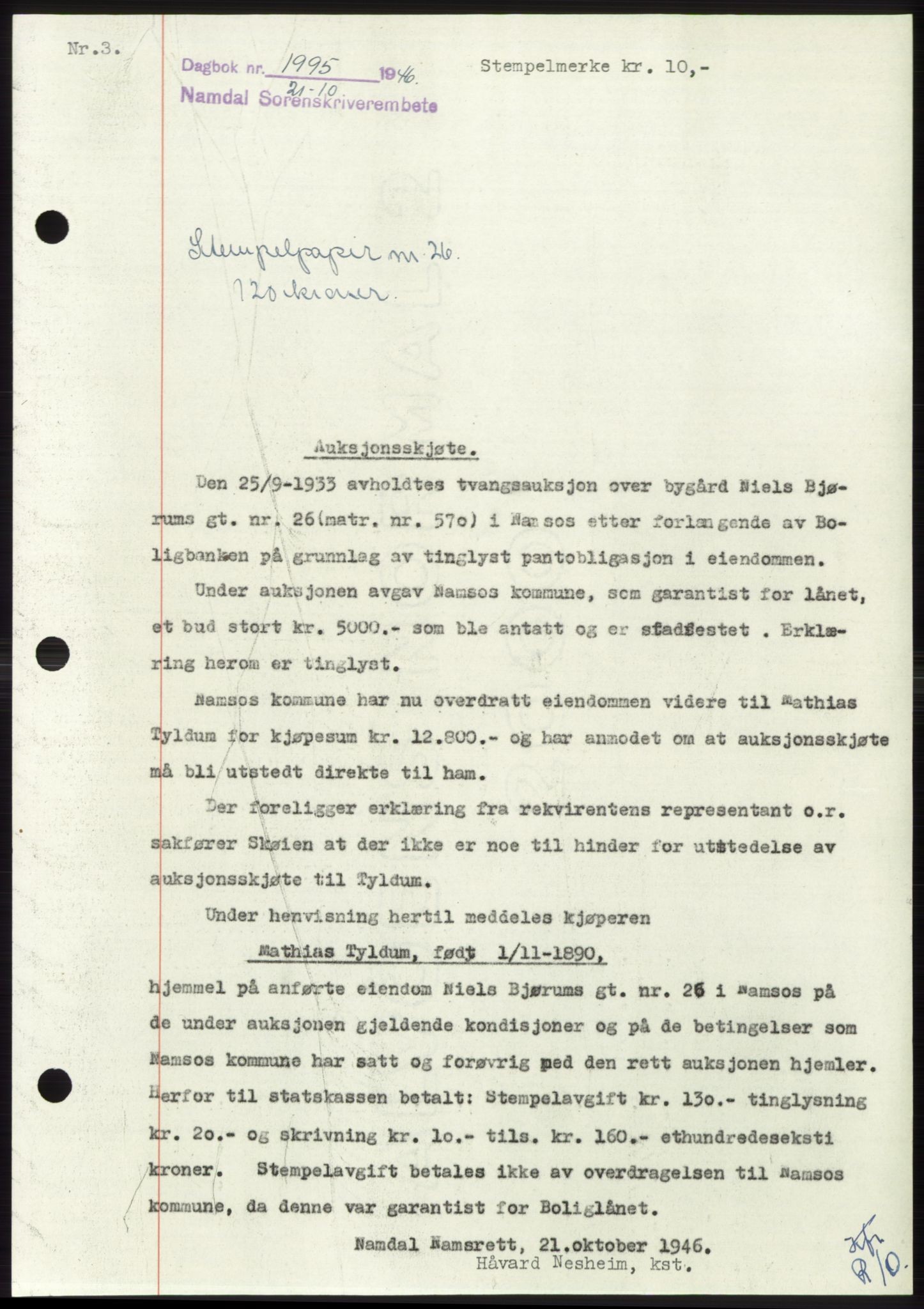 Namdal sorenskriveri, AV/SAT-A-4133/1/2/2C: Mortgage book no. -, 1946-1947, Diary no: : 1995/1946
