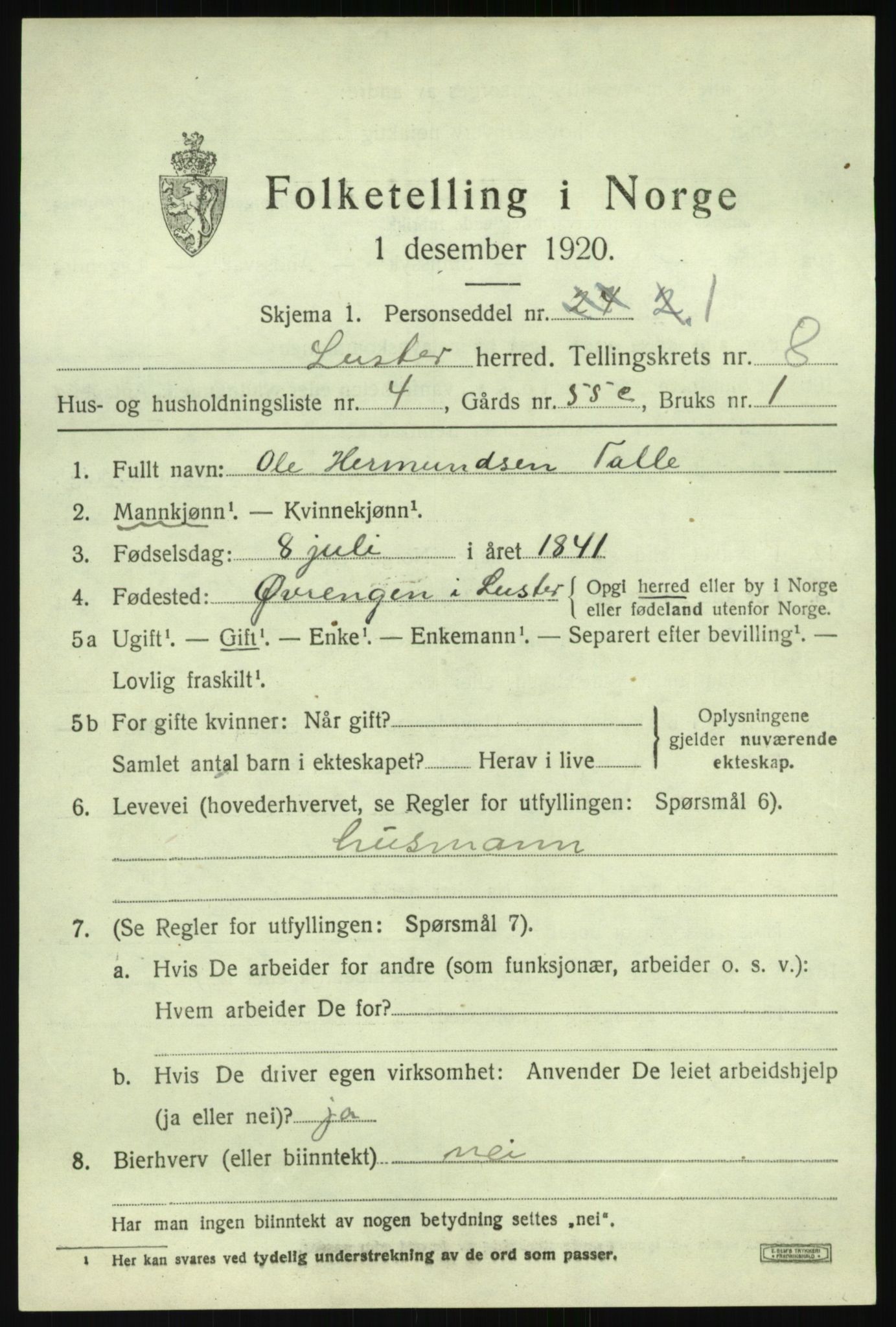 SAB, 1920 census for Luster, 1920, p. 4718