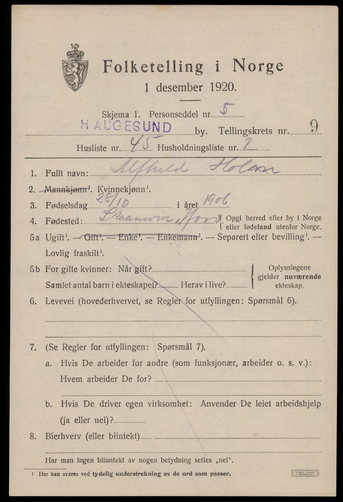 SAST, 1920 census for Haugesund, 1920, p. 32927