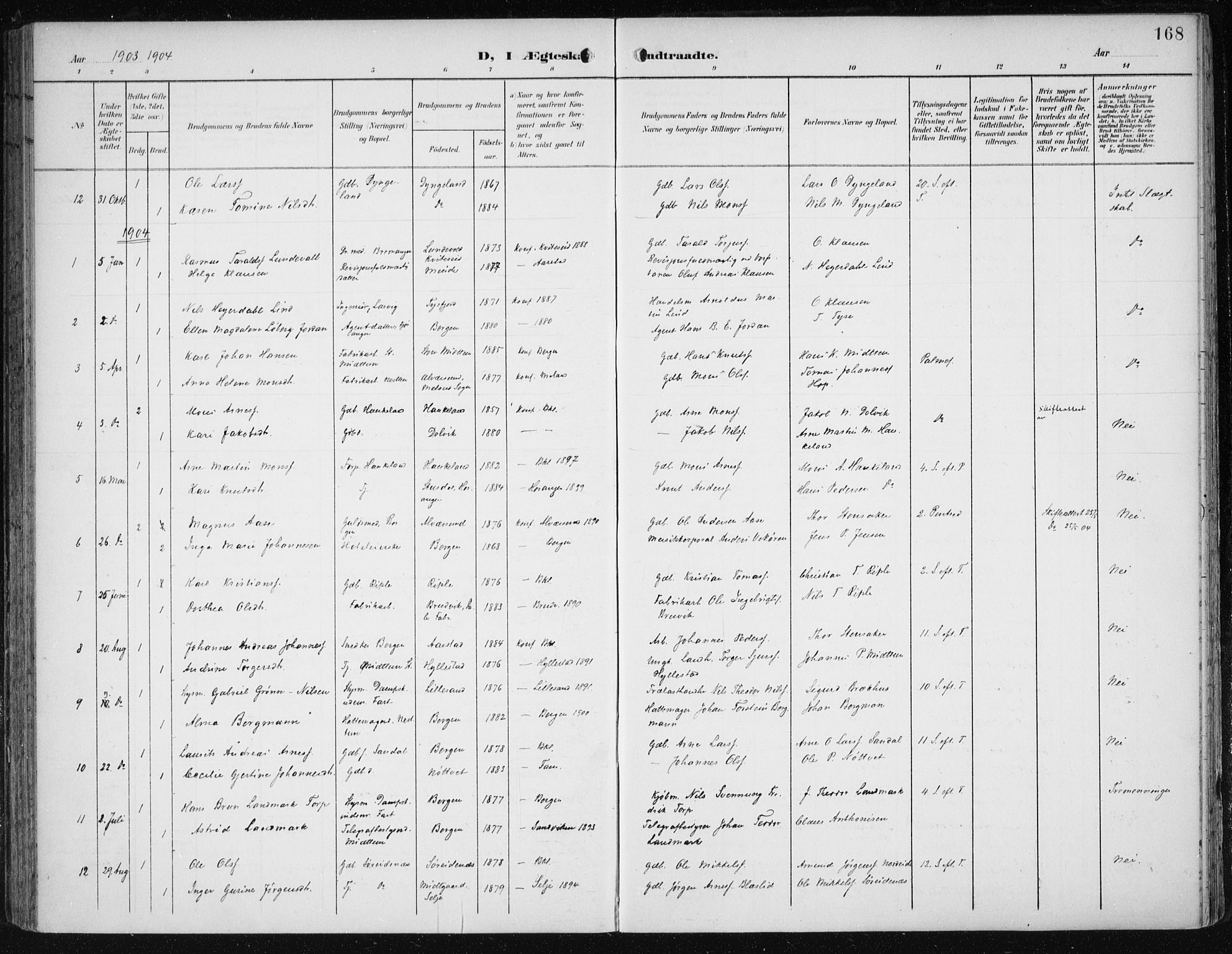 Fana Sokneprestembete, SAB/A-75101/H/Haa/Haai/L0003: Parish register (official) no. I 3, 1900-1912, p. 168