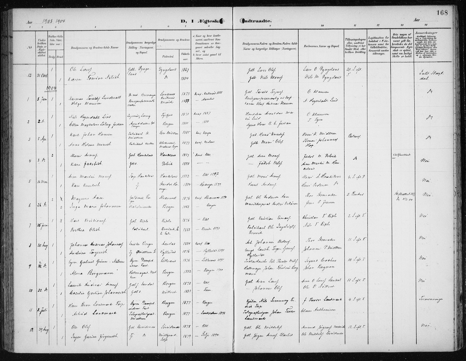 Fana Sokneprestembete, AV/SAB-A-75101/H/Haa/Haai/L0003: Parish register (official) no. I 3, 1900-1912, p. 168