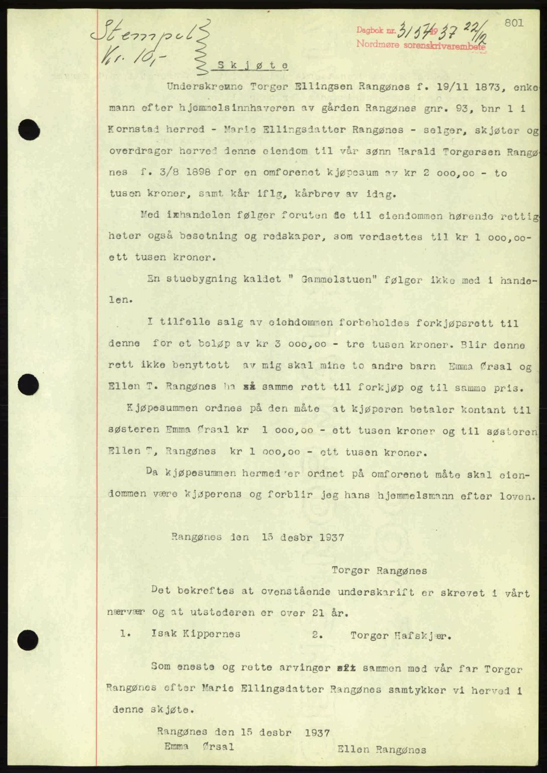 Nordmøre sorenskriveri, SAT/A-4132/1/2/2Ca: Mortgage book no. A82, 1937-1938, Diary no: : 3154/1937