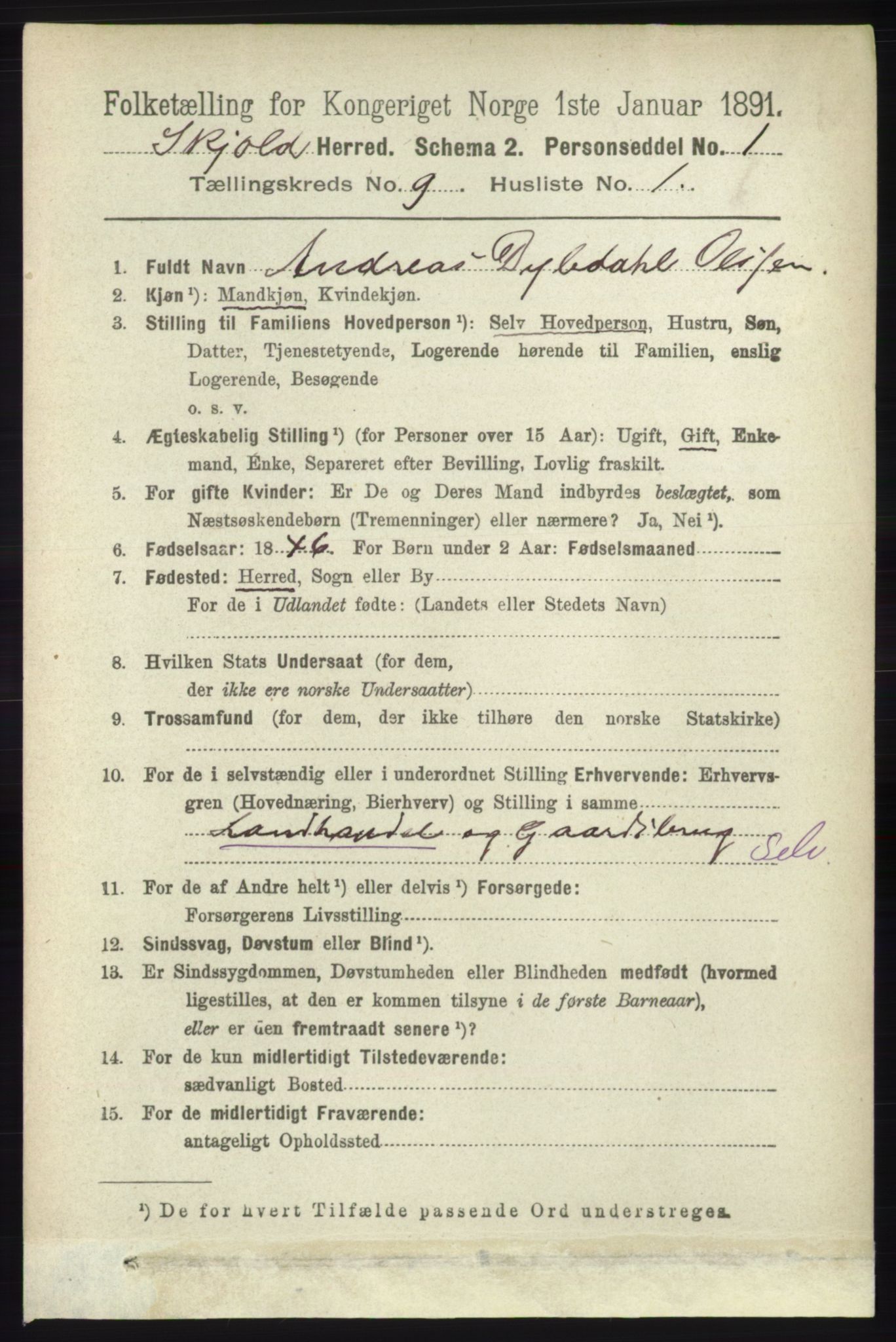 RA, 1891 census for 1154 Skjold, 1891, p. 1783