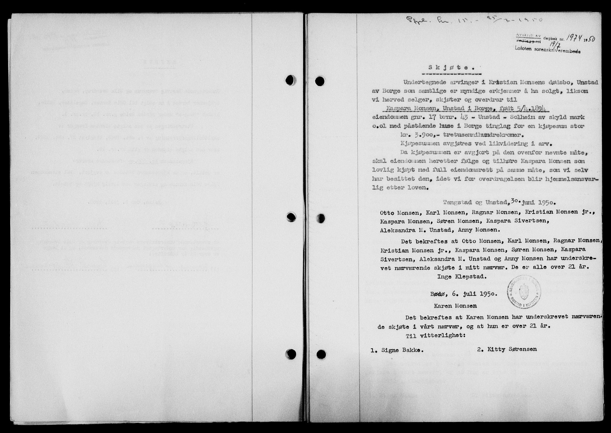 Lofoten sorenskriveri, SAT/A-0017/1/2/2C/L0024a: Mortgage book no. 24a, 1950-1950, Diary no: : 1974/1950
