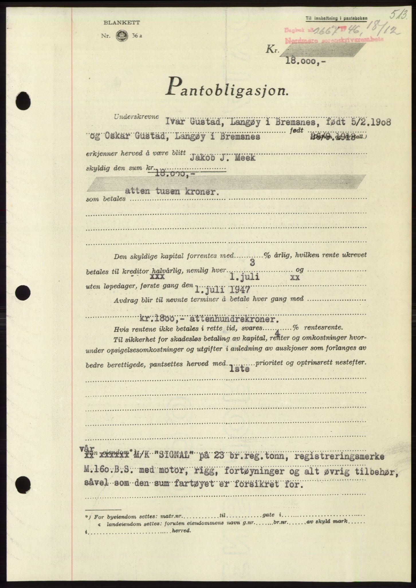 Nordmøre sorenskriveri, AV/SAT-A-4132/1/2/2Ca: Mortgage book no. B95, 1946-1947, Diary no: : 2667/1946