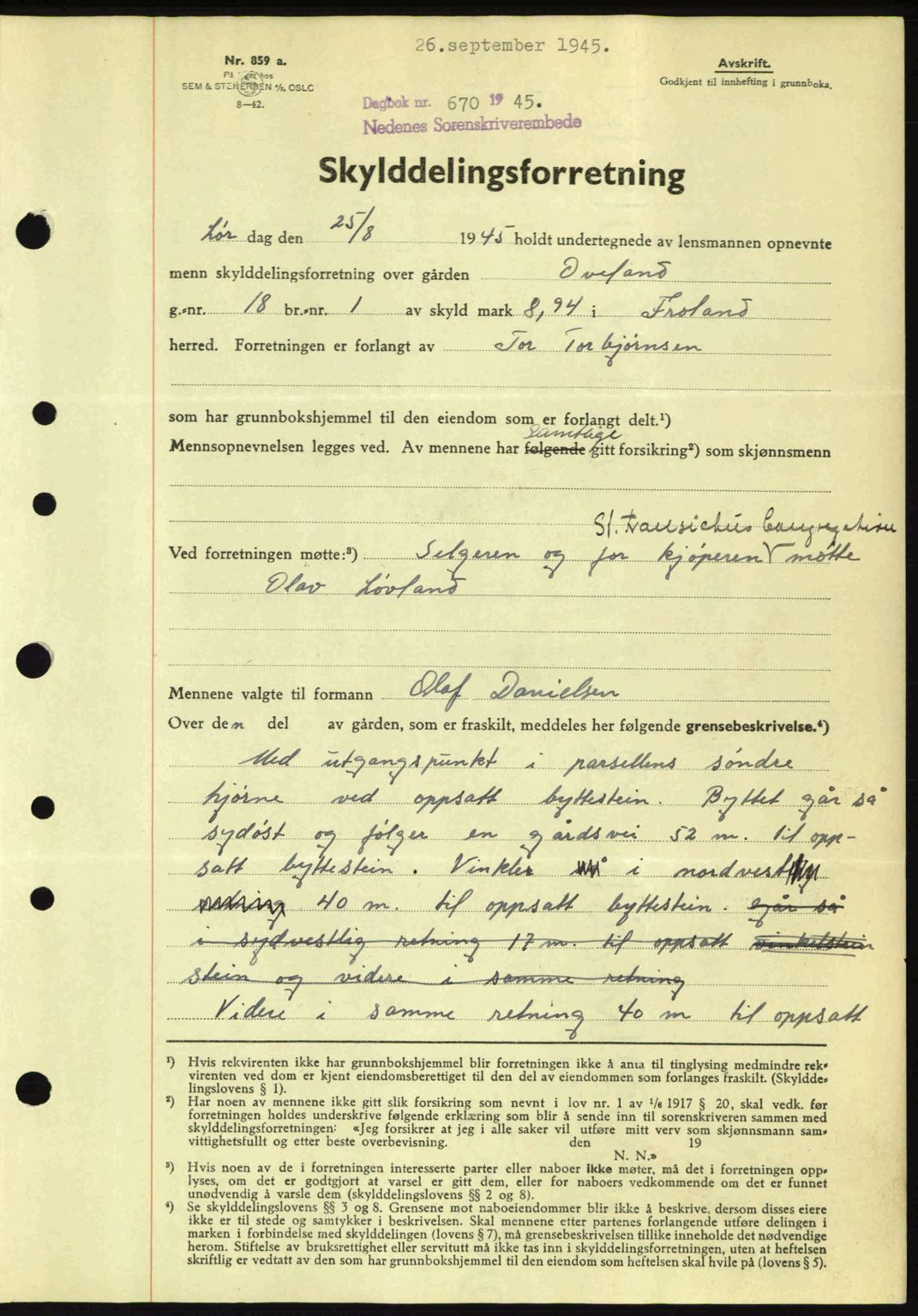 Nedenes sorenskriveri, AV/SAK-1221-0006/G/Gb/Gba/L0053: Mortgage book no. A6b, 1945-1945, Diary no: : 670/1945