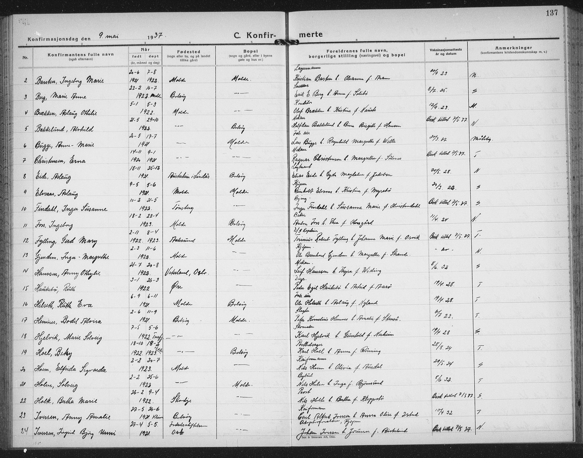 Ministerialprotokoller, klokkerbøker og fødselsregistre - Møre og Romsdal, AV/SAT-A-1454/558/L0704: Parish register (copy) no. 558C05, 1921-1942, p. 137