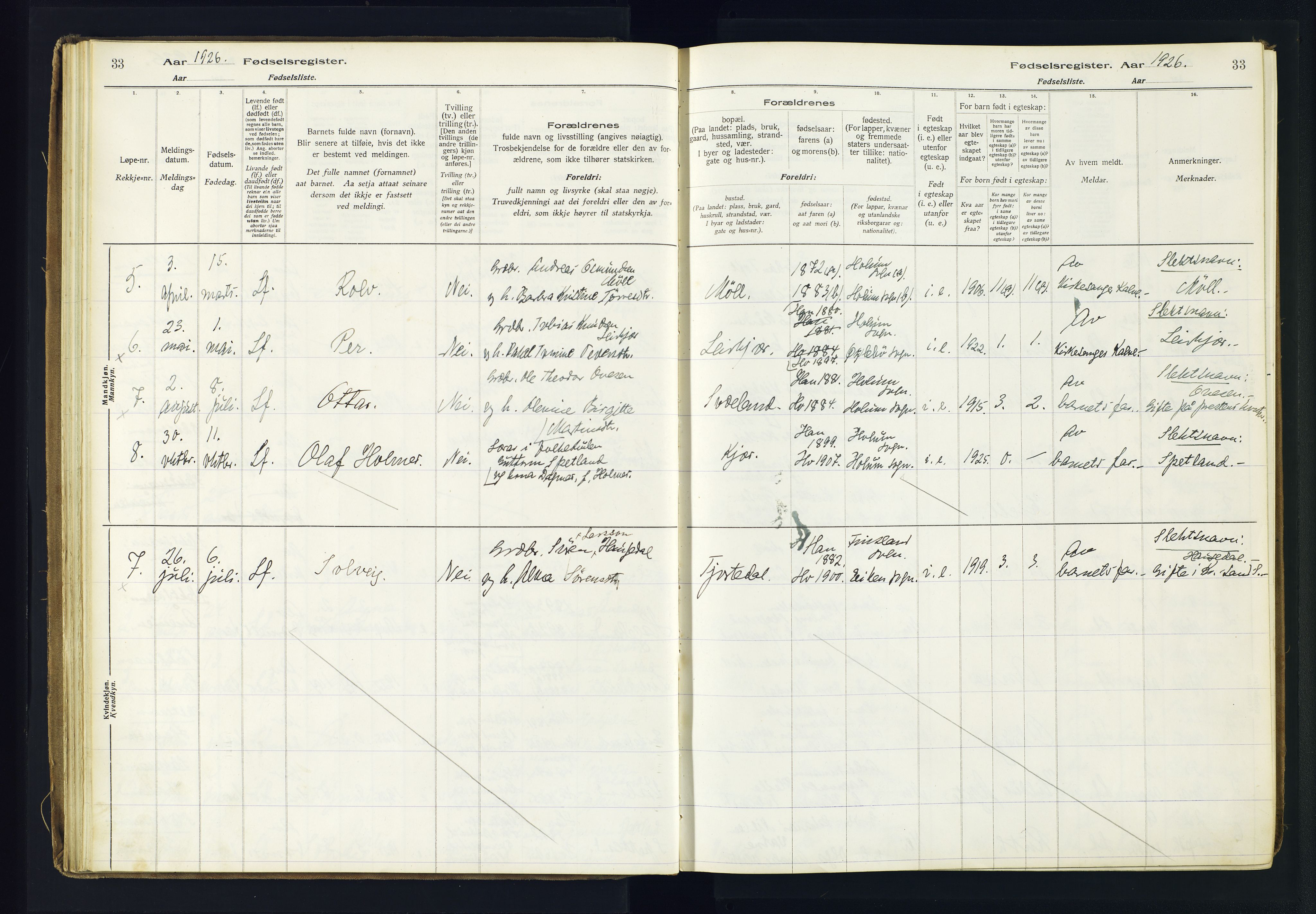 Holum sokneprestkontor, AV/SAK-1111-0022/J/Ja/L0003: Birth register no. II.6.12, 1916-1982, p. 33