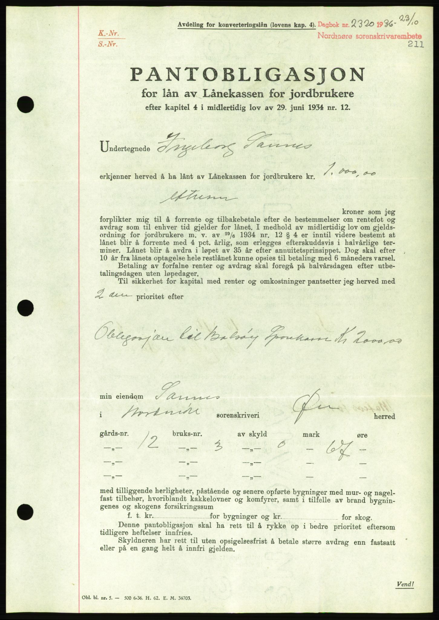 Nordmøre sorenskriveri, AV/SAT-A-4132/1/2/2Ca/L0090: Mortgage book no. B80, 1936-1937, Diary no: : 2320/1936