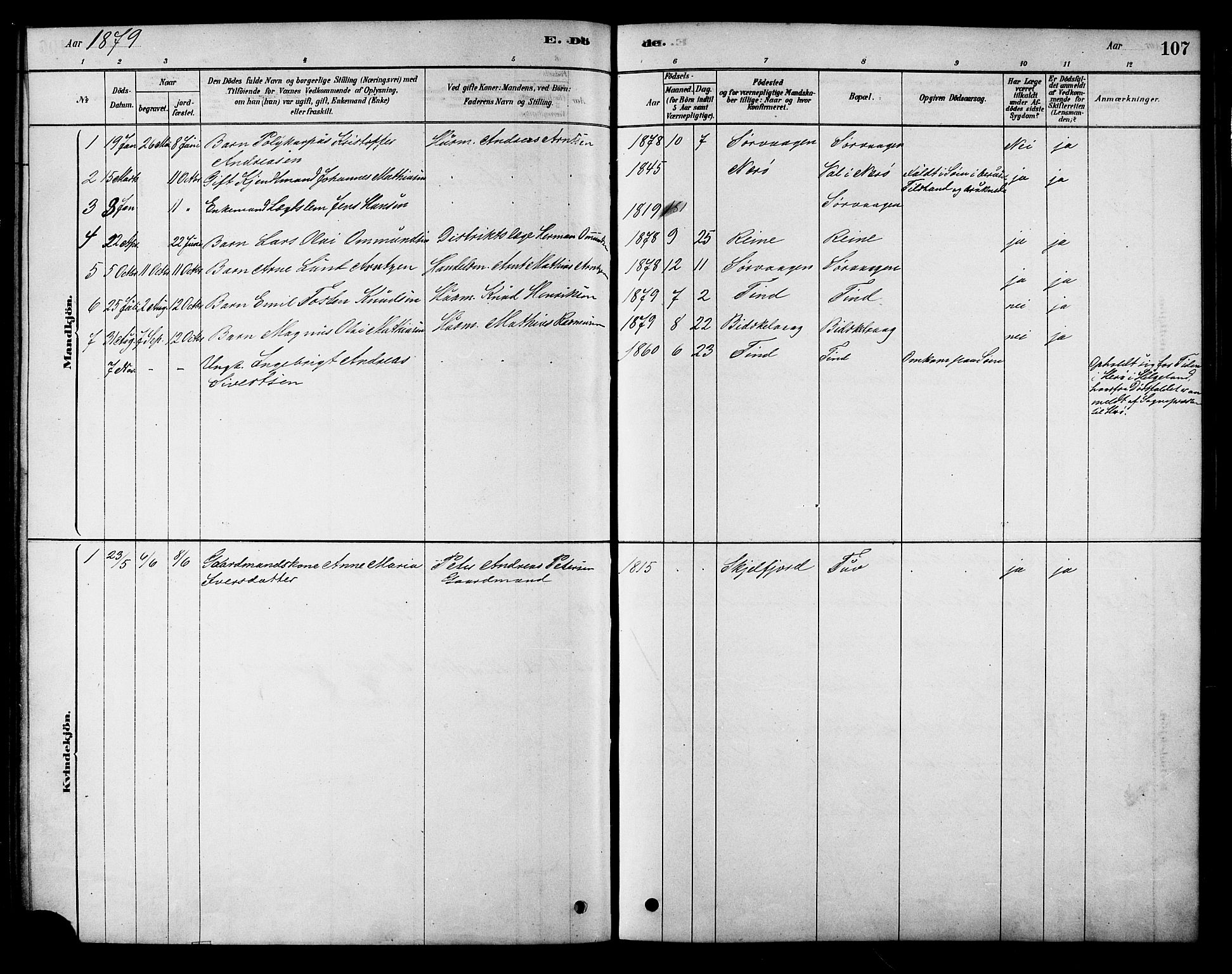 Ministerialprotokoller, klokkerbøker og fødselsregistre - Nordland, AV/SAT-A-1459/886/L1219: Parish register (official) no. 886A01, 1878-1892, p. 107