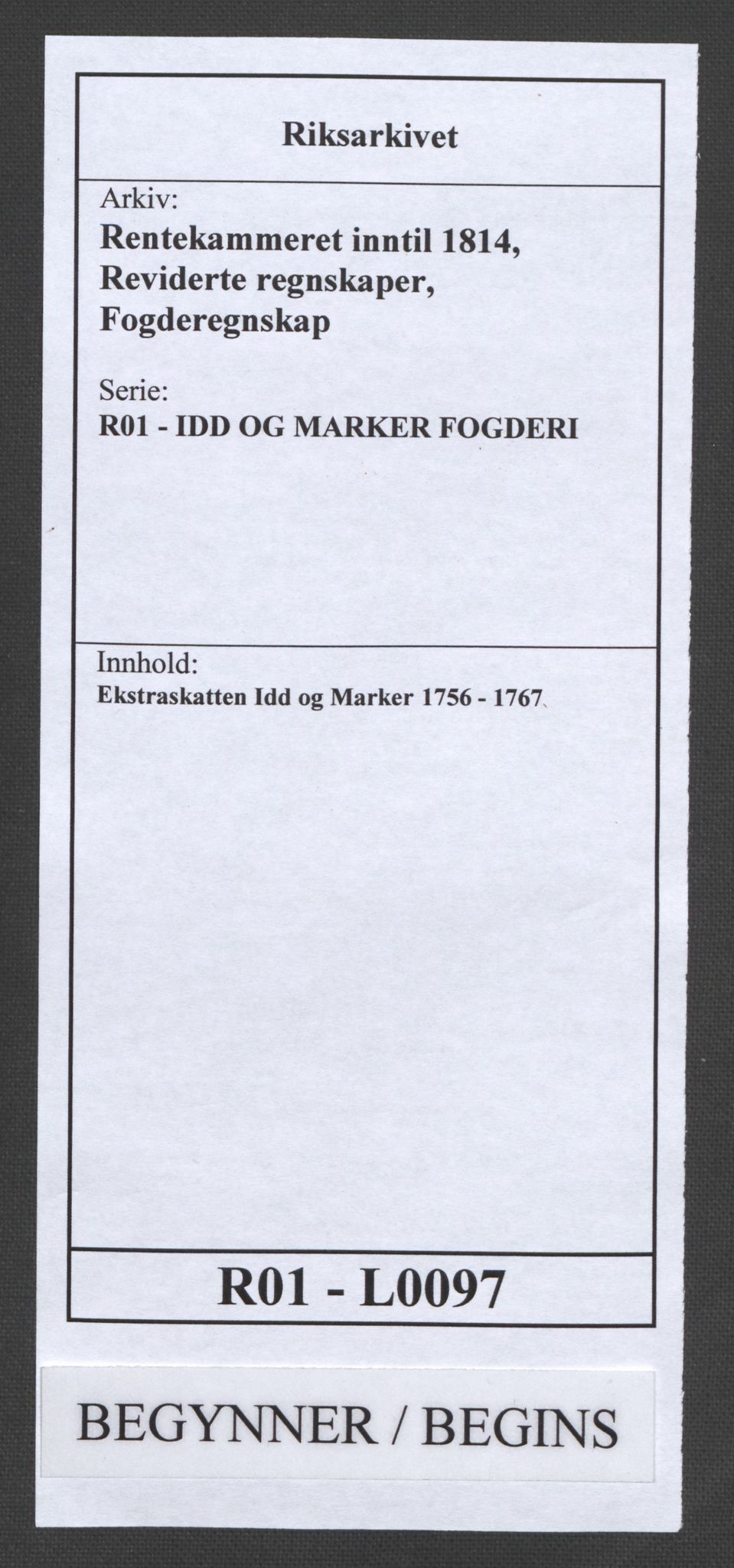 Rentekammeret inntil 1814, Reviderte regnskaper, Fogderegnskap, RA/EA-4092/R01/L0097: Ekstraskatten Idd og Marker, 1756-1767, p. 1