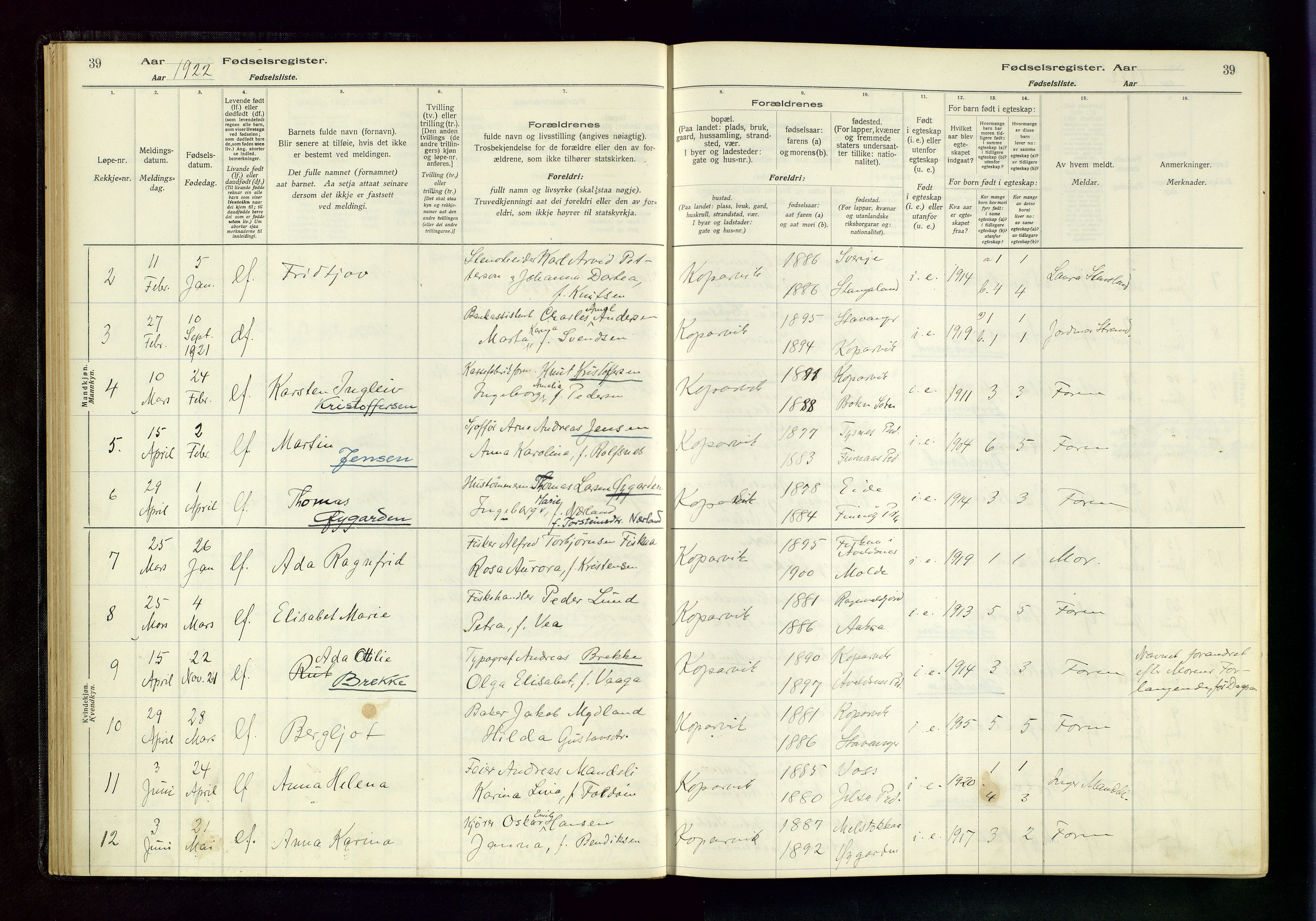 Kopervik sokneprestkontor, AV/SAST-A-101850/I/Id/L0001: Birth register no. 1, 1916-1952, p. 39