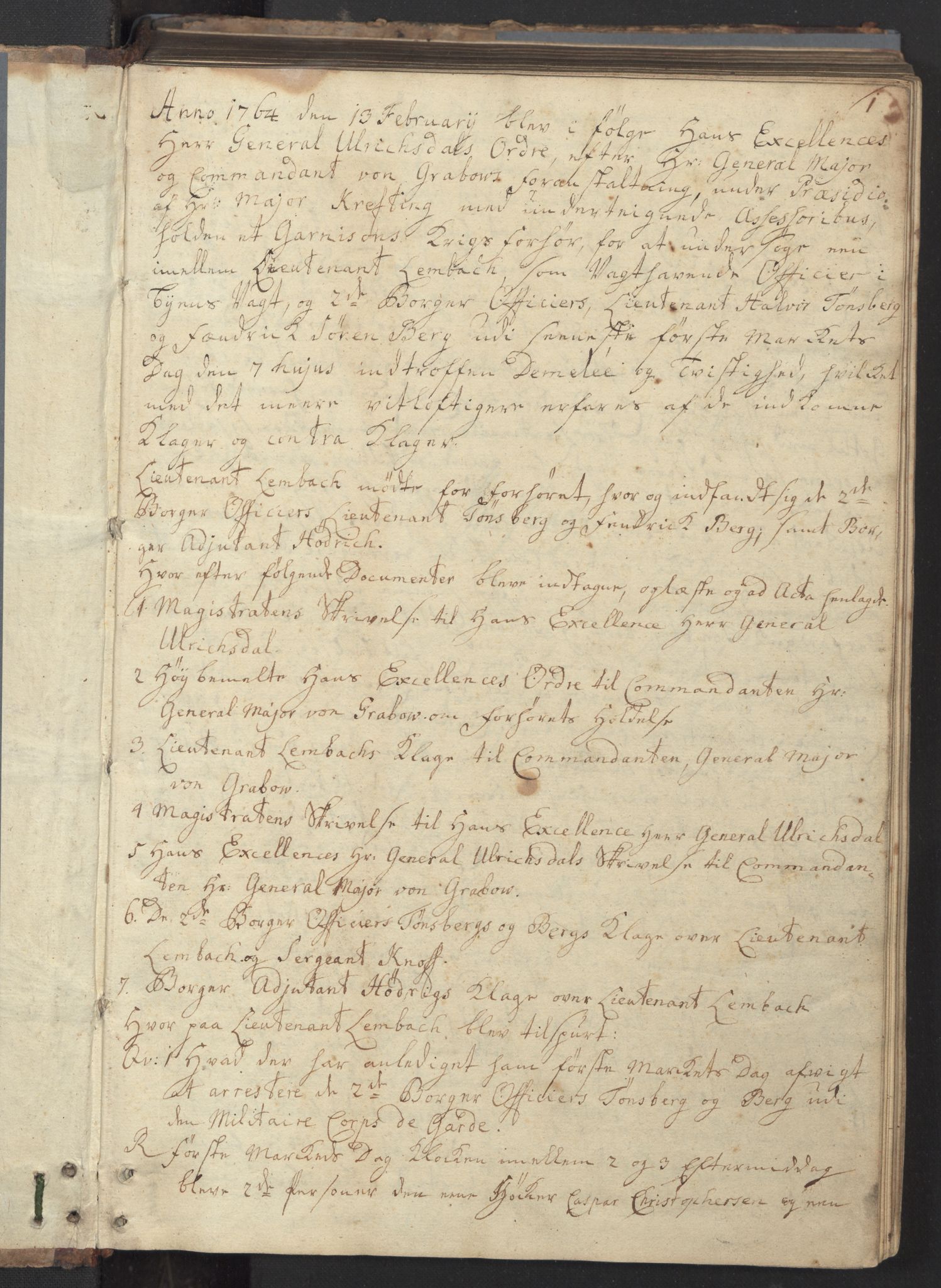 Forsvaret, Akershus festning auditøren, RA/RAFA-1861/D/Da/L0015a: Justisprotokoll, 1764-1772, p. 1
