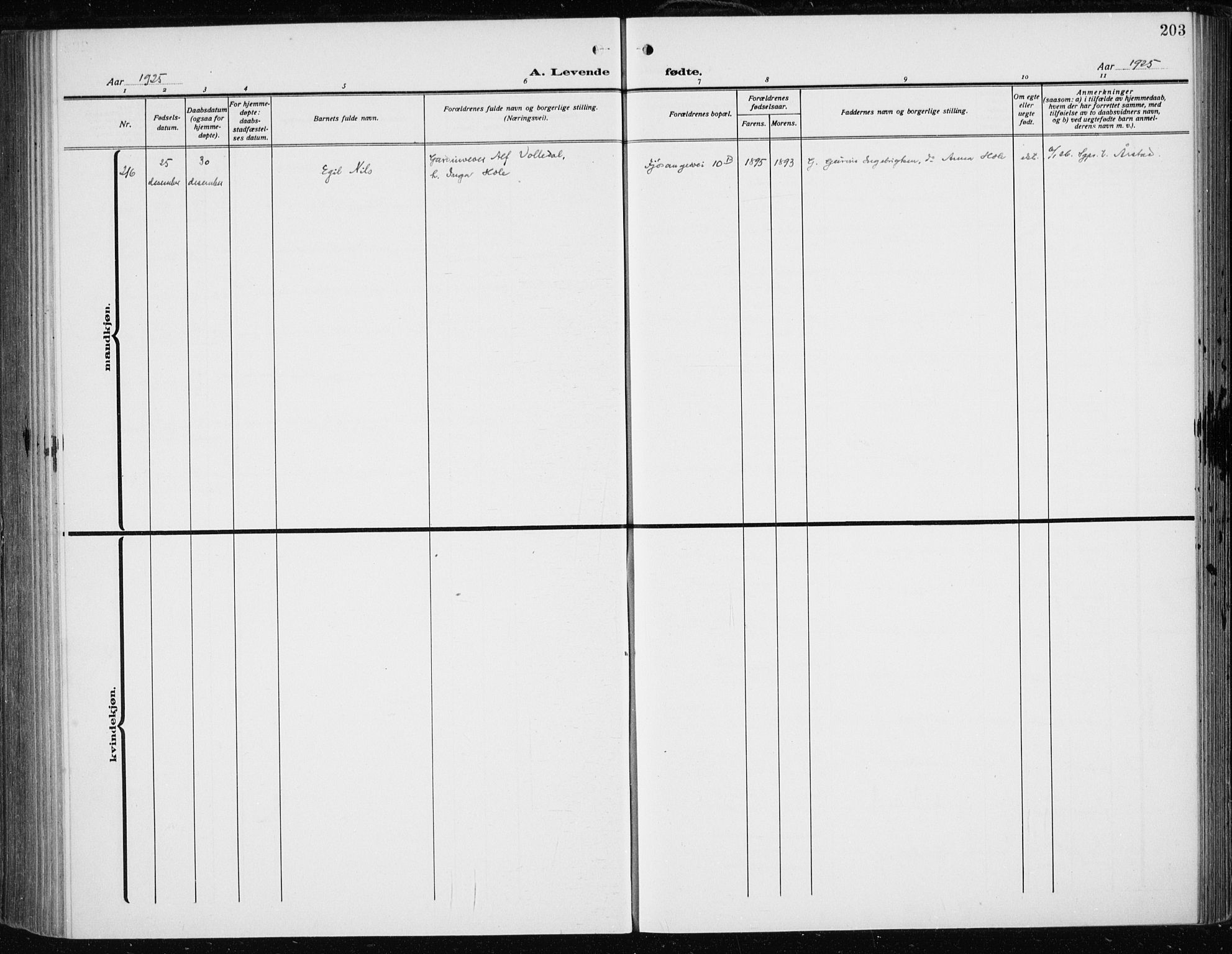 Fødselsstiftelsens sokneprestembete*, SAB/-: Parish register (official) no. A 5, 1918-1926, p. 203