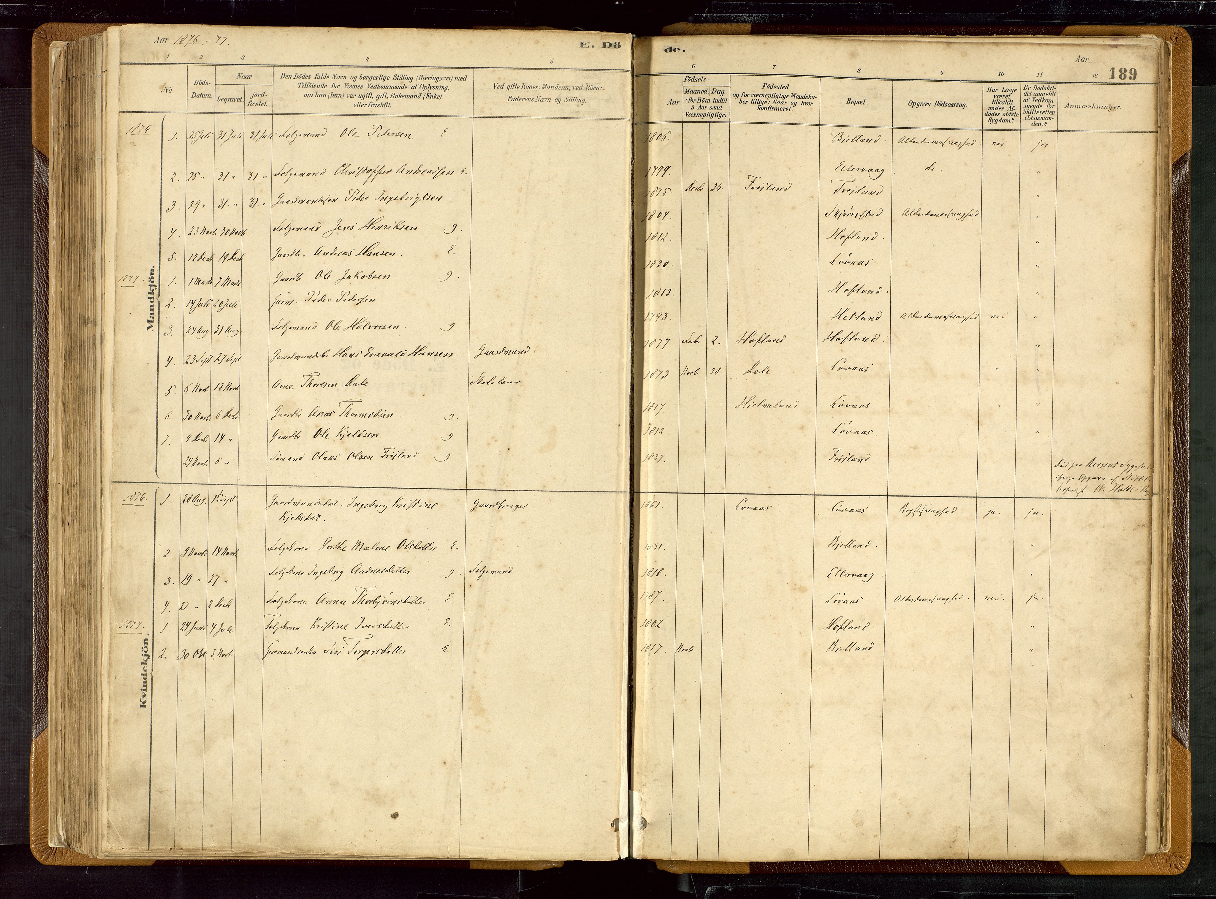 Hetland sokneprestkontor, SAST/A-101826/30/30BB/L0007: Parish register (copy) no. B 7, 1878-1910, p. 189