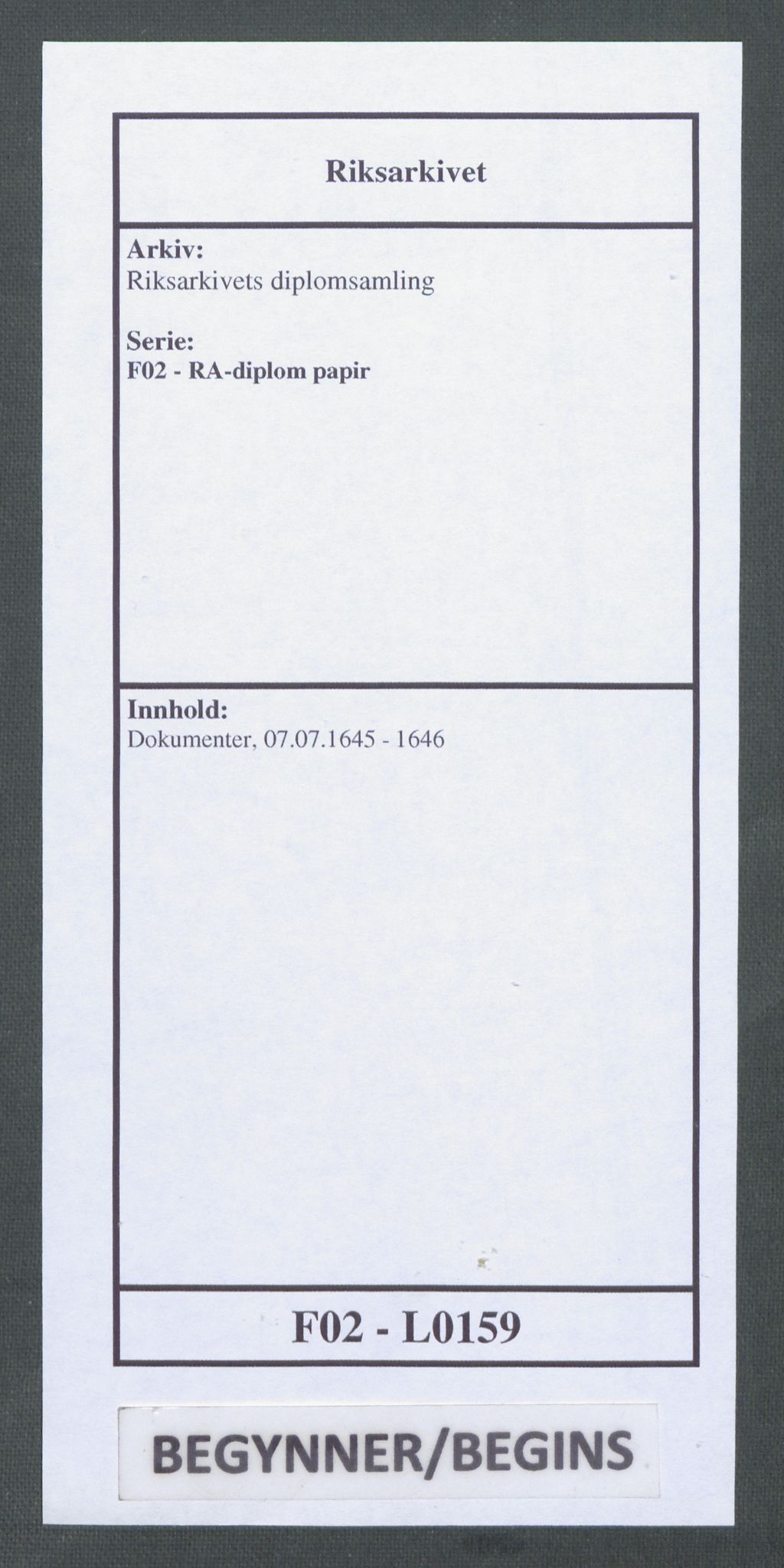 Riksarkivets diplomsamling, RA/EA-5965/F02/L0159: Dokumenter, 1645-1646, p. 1