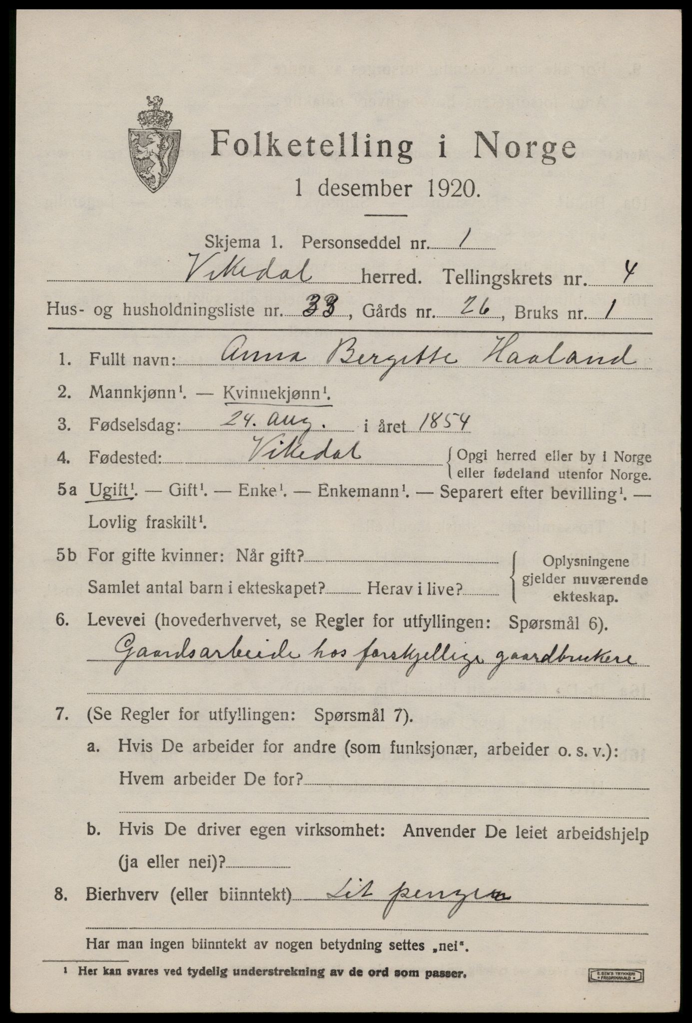 SAST, 1920 census for Vikedal, 1920, p. 2325