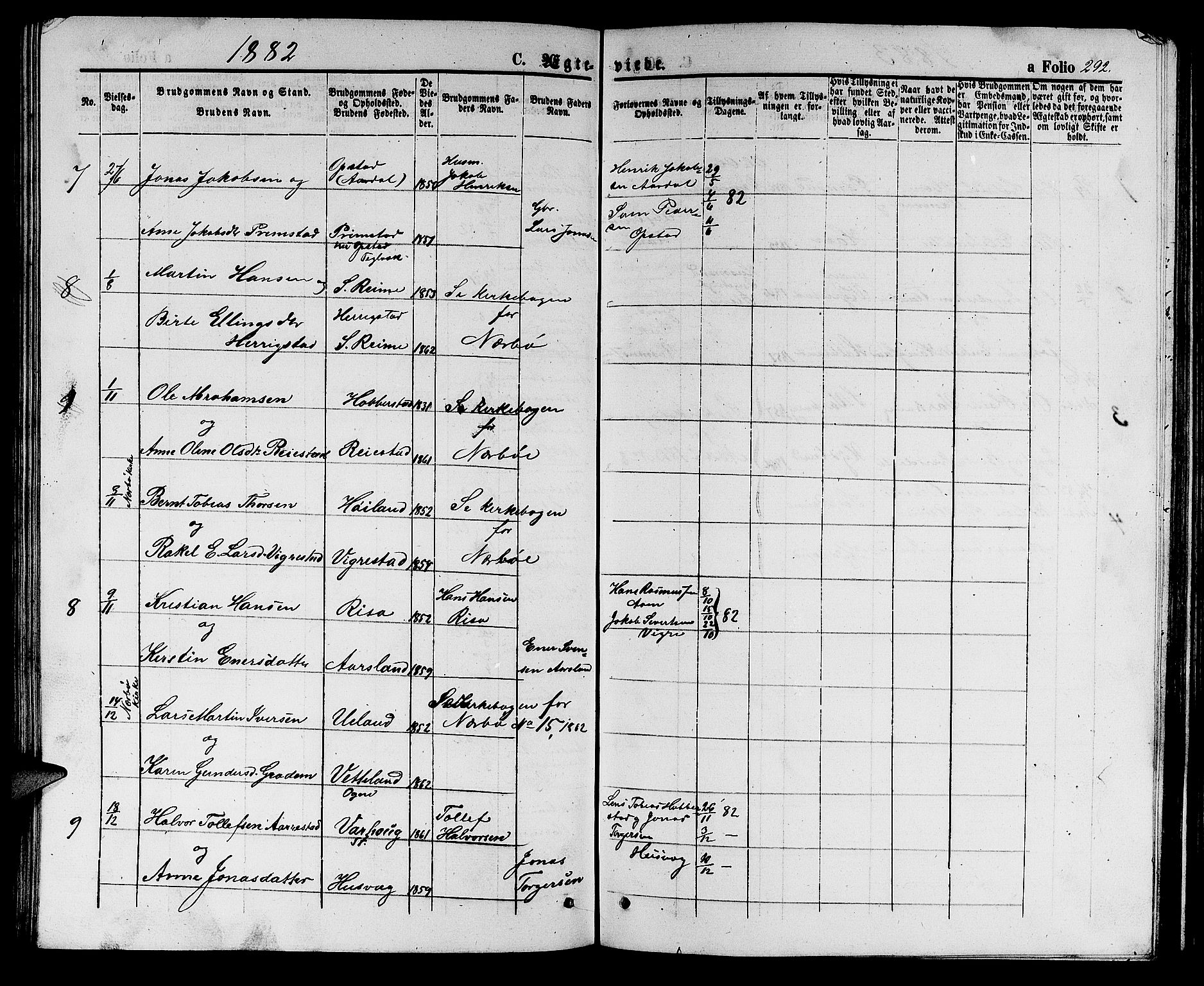 Hå sokneprestkontor, AV/SAST-A-101801/001/30BB/L0002: Parish register (copy) no. B 2, 1854-1883, p. 292