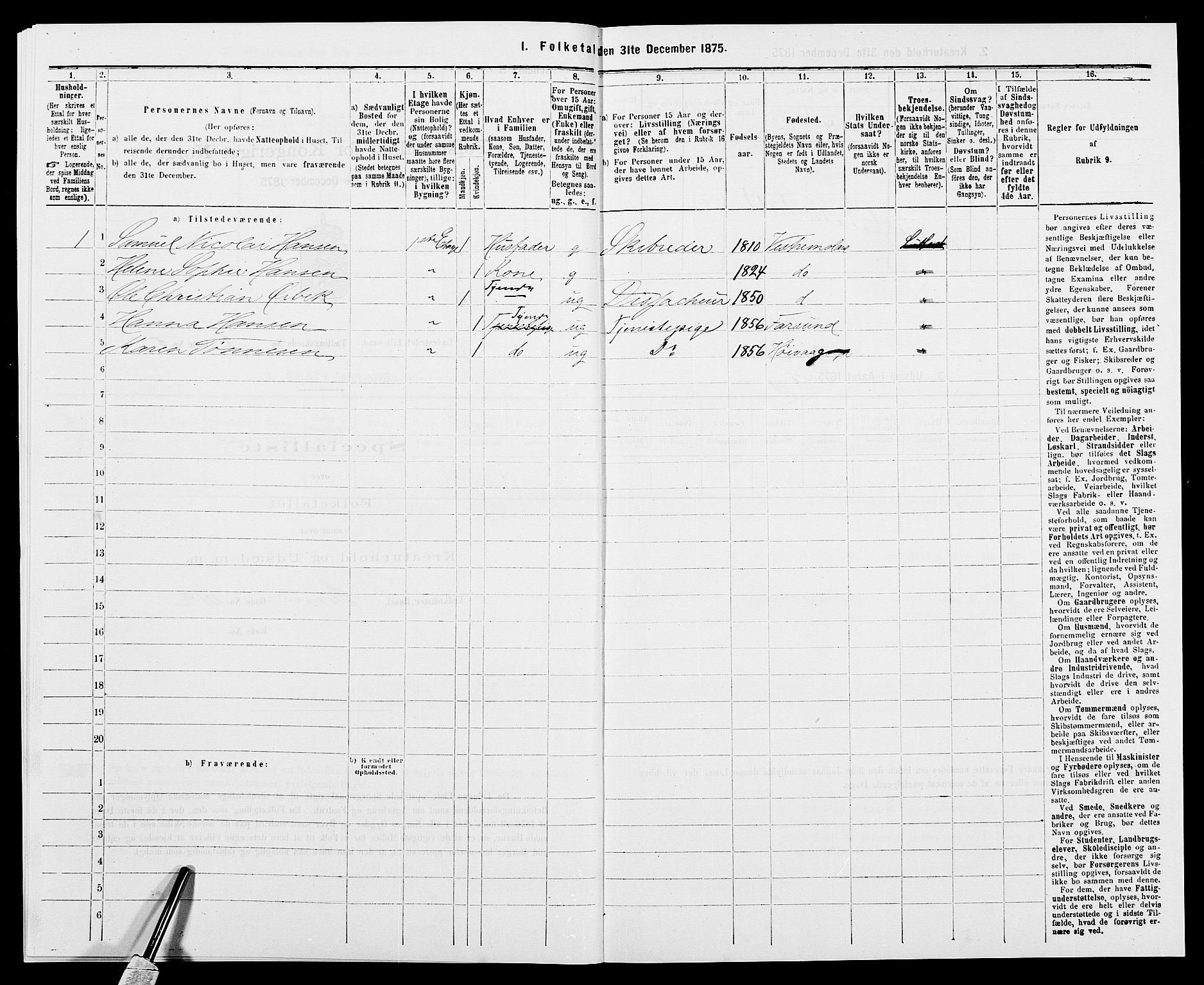 SAK, 1875 census for 0905B Vestre Moland/Lillesand, 1875, p. 213