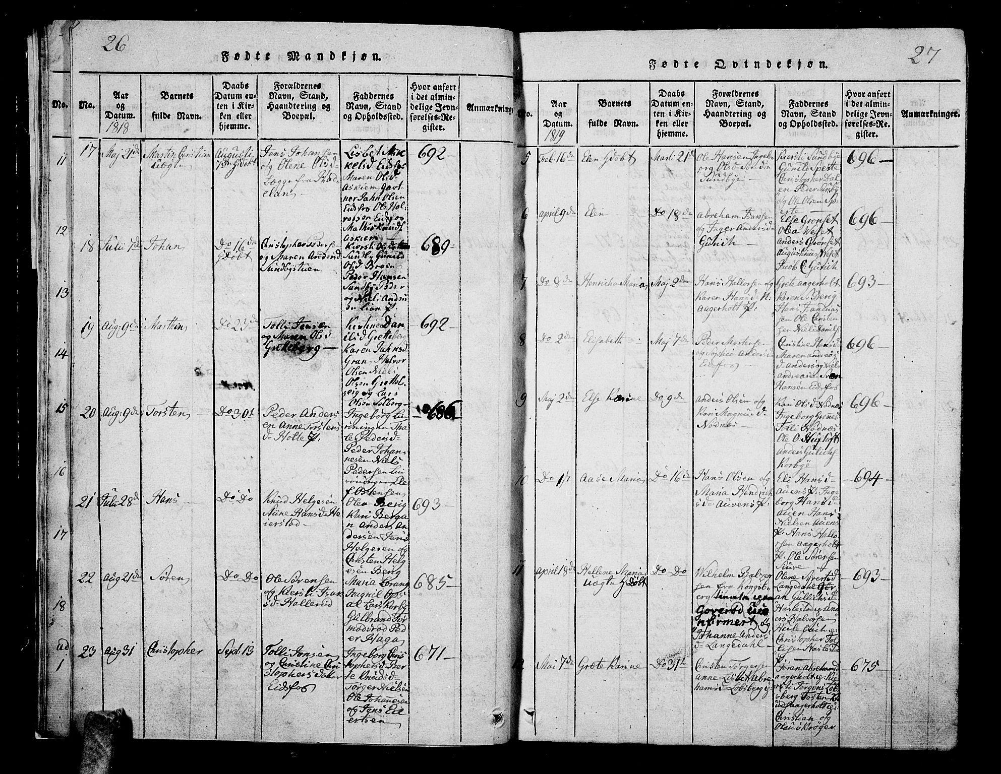 Hof kirkebøker, AV/SAKO-A-64/G/Ga/L0001: Parish register (copy) no. I 1, 1814-1844, p. 26-27