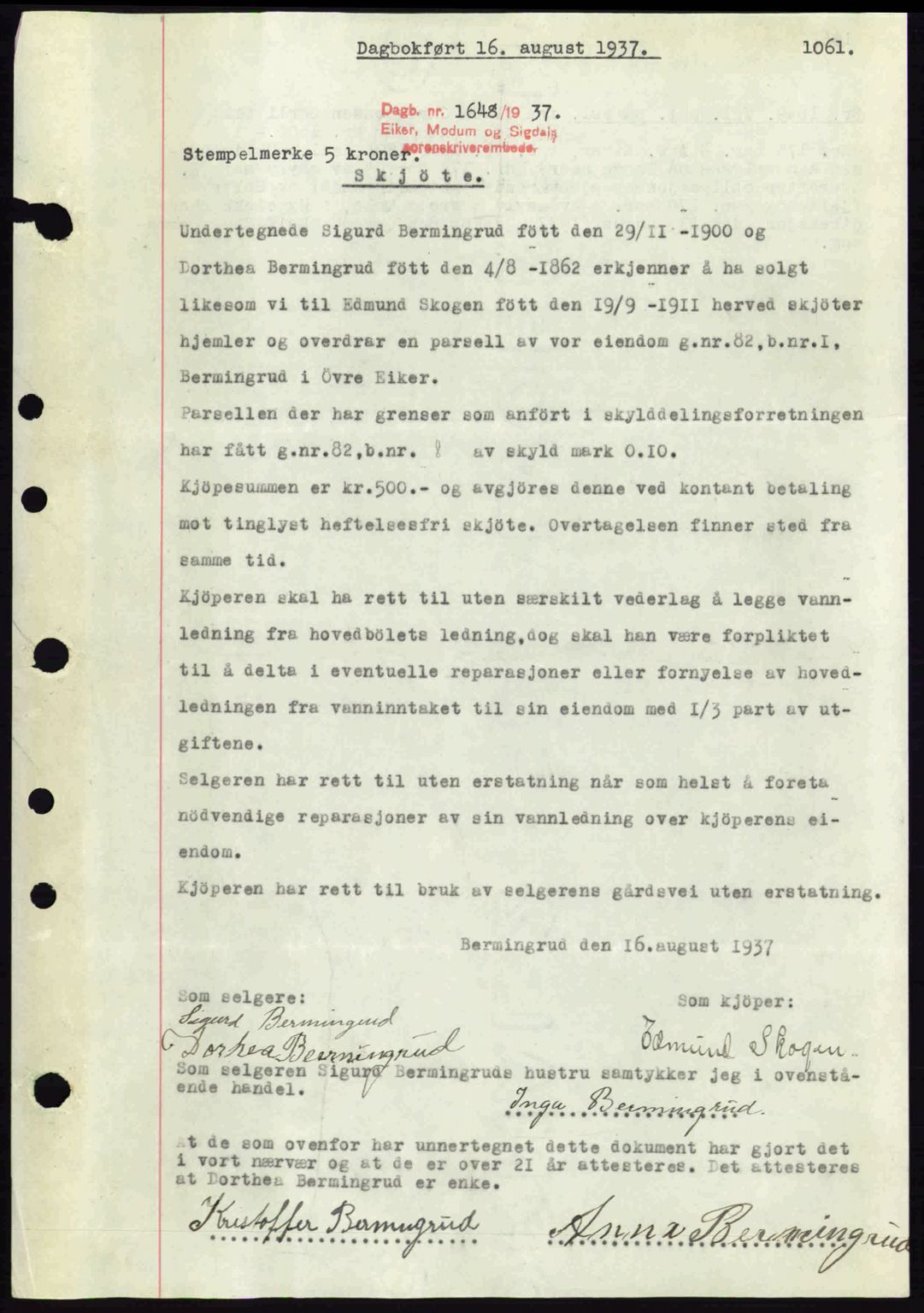 Eiker, Modum og Sigdal sorenskriveri, SAKO/A-123/G/Ga/Gab/L0035: Mortgage book no. A5, 1937-1937, Diary no: : 1648/1937