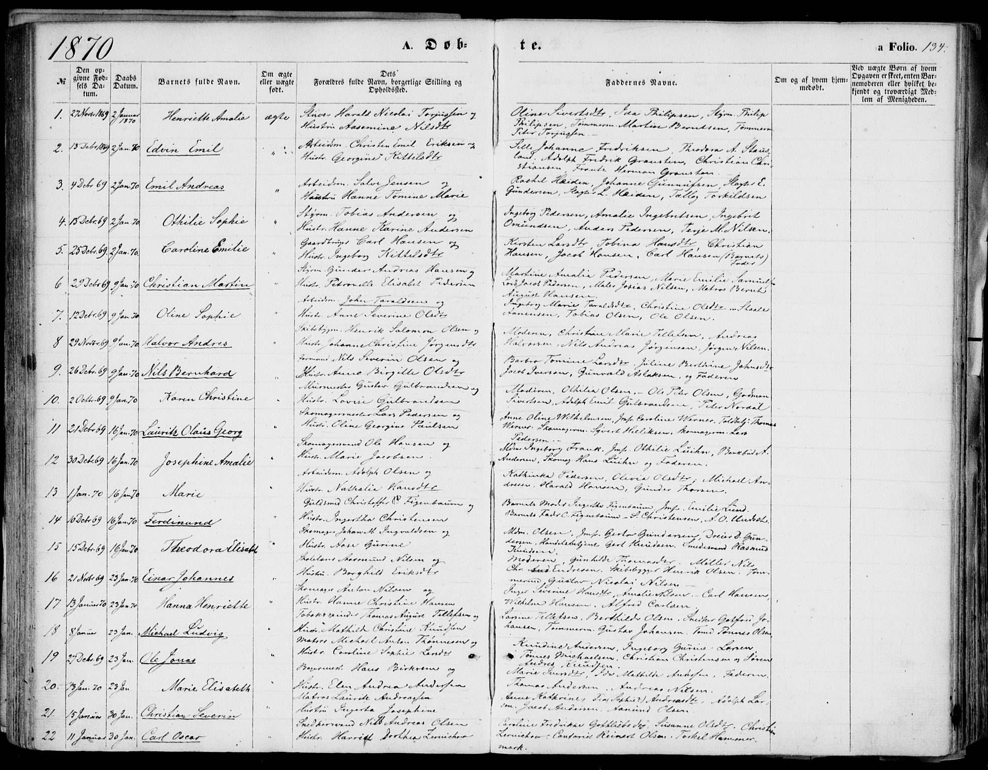 Kristiansand domprosti, SAK/1112-0006/F/Fb/L0012: Parish register (copy) no. B 12, 1861-1870, p. 134