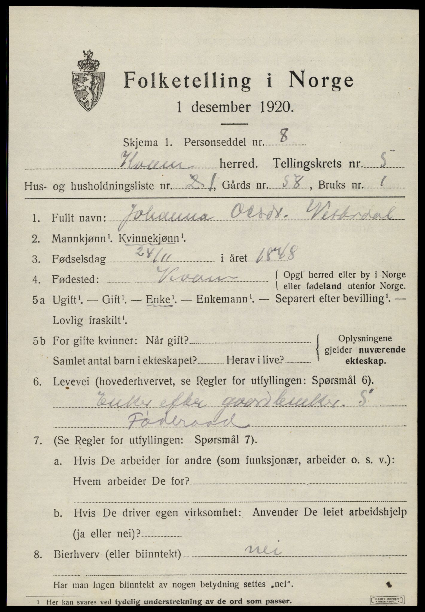 SAT, 1920 census for Kvam, 1920, p. 1391