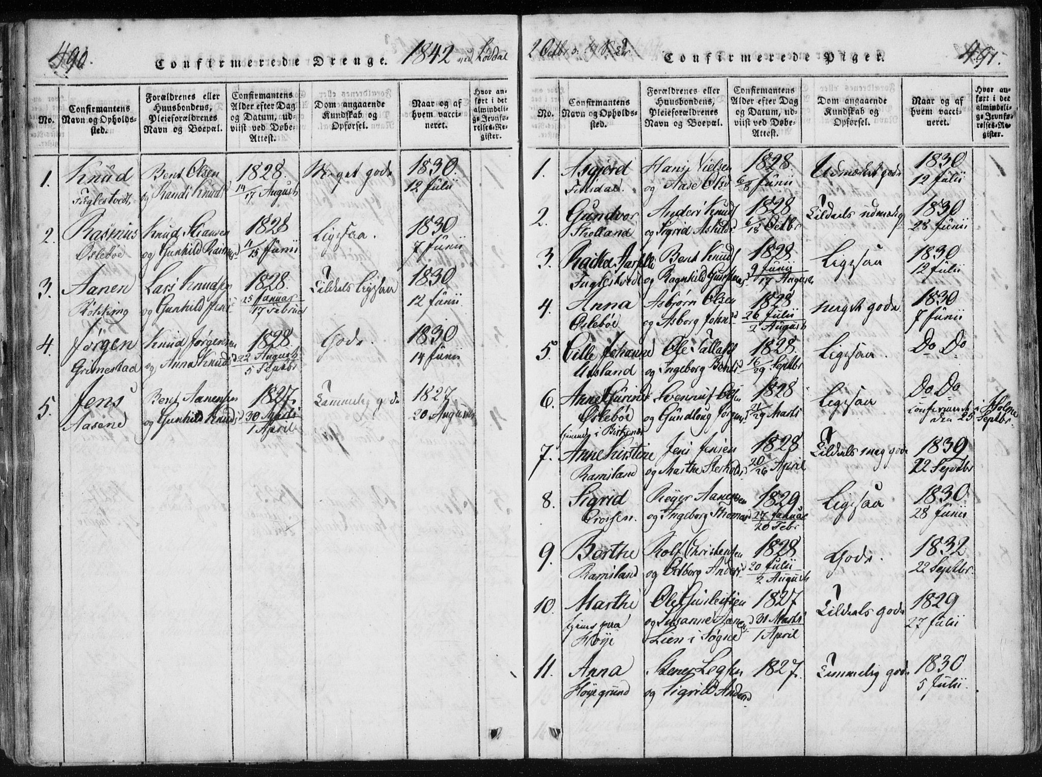 Holum sokneprestkontor, AV/SAK-1111-0022/F/Fa/Fac/L0002: Parish register (official) no. A 2, 1821-1859, p. 490-491