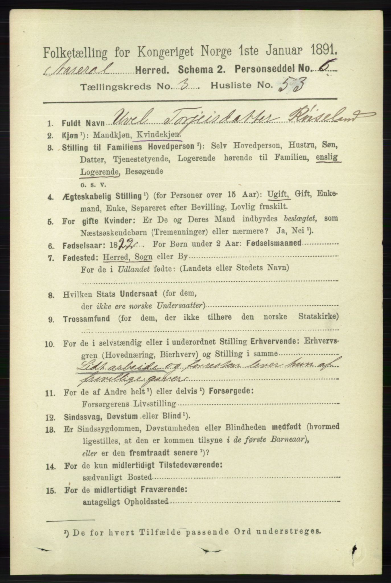 RA, 1891 census for 1026 Åseral, 1891, p. 1116