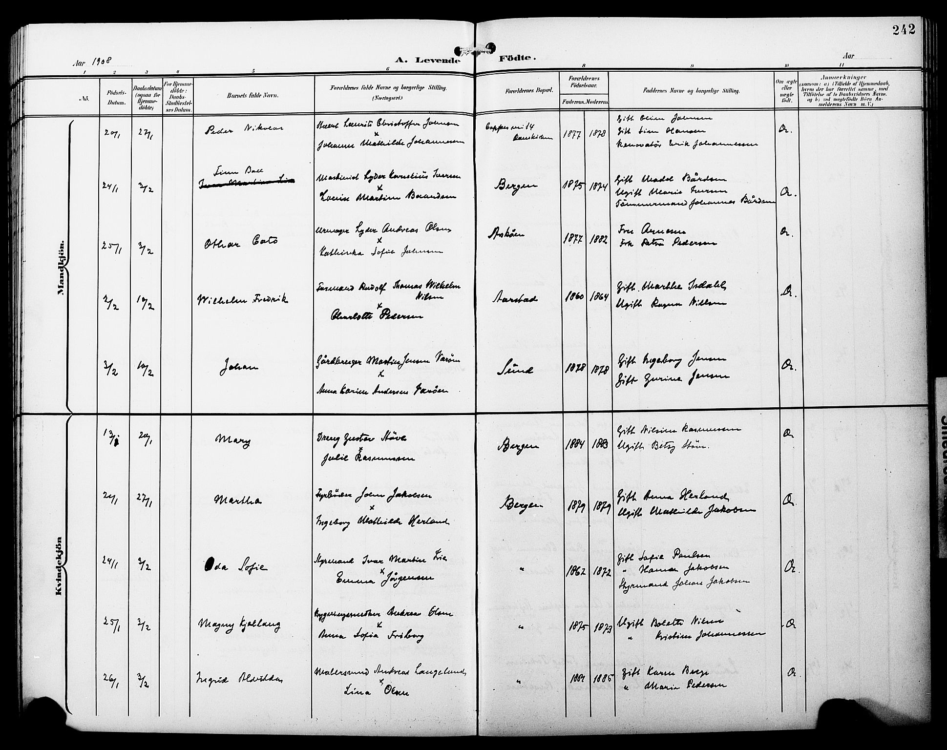 Fødselsstiftelsens sokneprestembete*, SAB/-: Parish register (copy) no. A 1, 1900-1909, p. 242