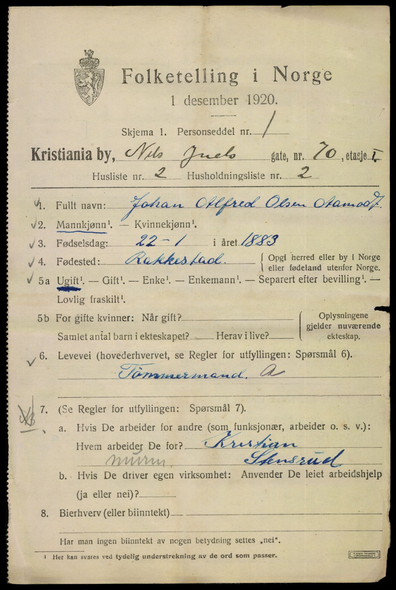 SAO, 1920 census for Kristiania, 1920, p. 417085