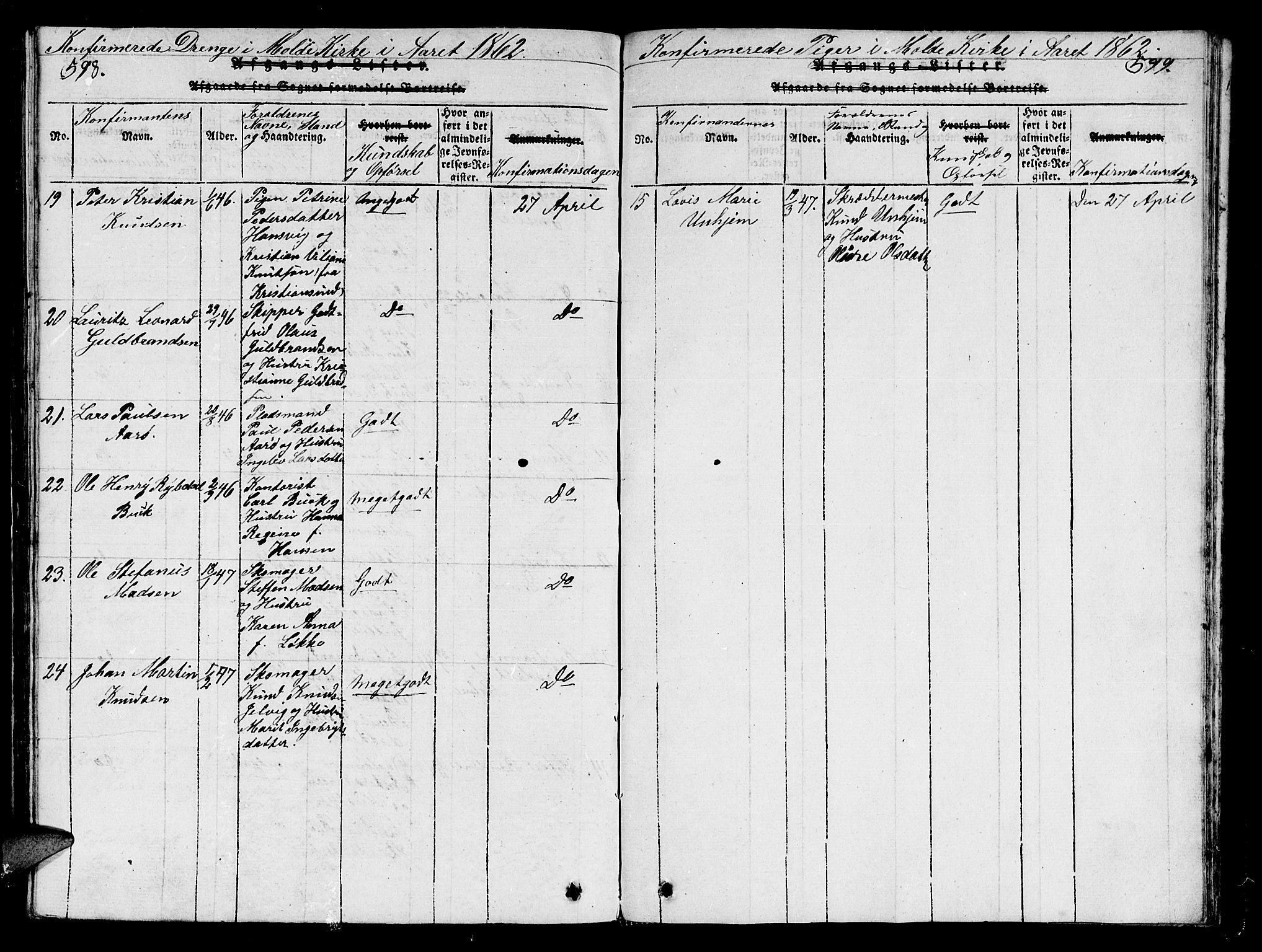 Ministerialprotokoller, klokkerbøker og fødselsregistre - Møre og Romsdal, SAT/A-1454/558/L0700: Parish register (copy) no. 558C01, 1818-1868, p. 598-599