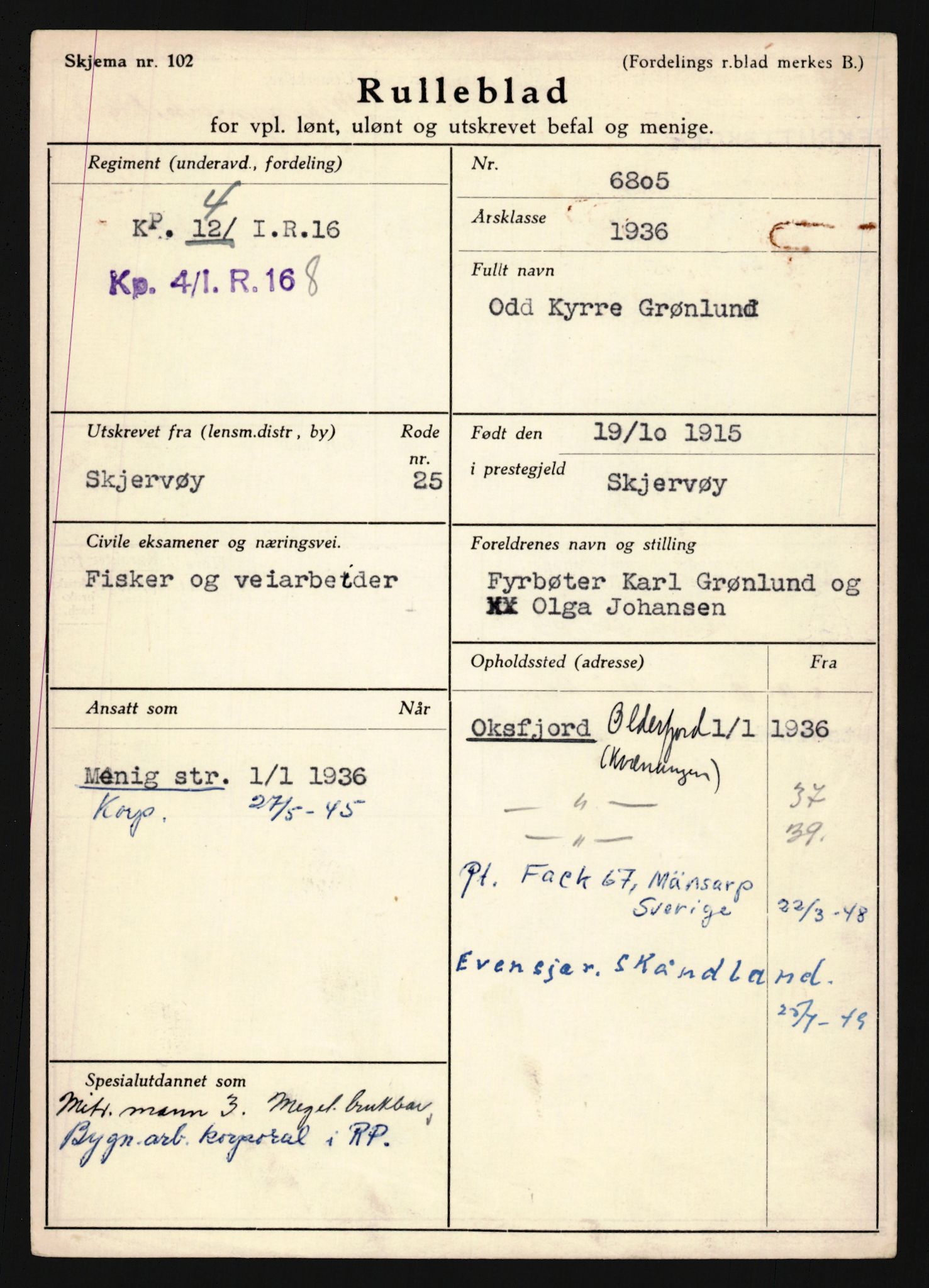 Forsvaret, Troms infanteriregiment nr. 16, AV/RA-RAFA-3146/P/Pa/L0020: Rulleblad for regimentets menige mannskaper, årsklasse 1936, 1936, p. 291