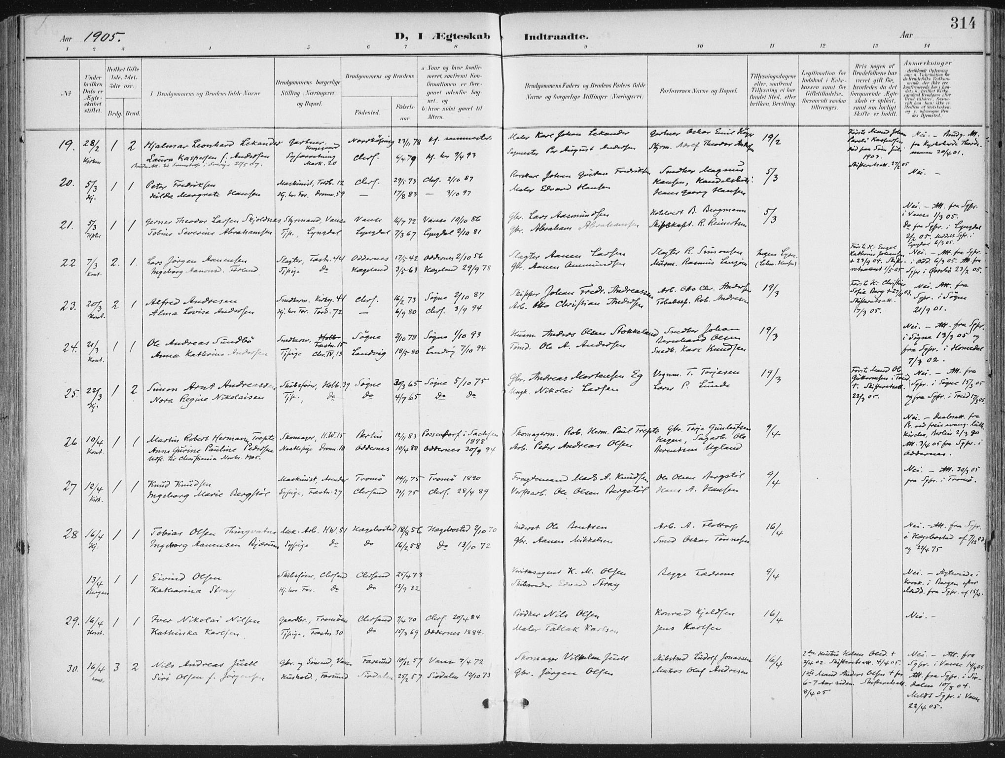 Kristiansand domprosti, AV/SAK-1112-0006/F/Fa/L0021: Parish register (official) no. A 20, 1898-1908, p. 314